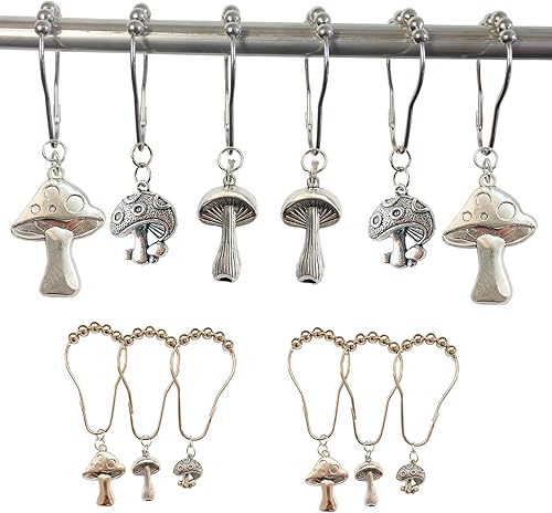 Miniatura 6 de Ganchos para cortina de ducha de hongos, 12 piezas de metal a prueba de óxido, lindos ganchos retro para cortina de ducha con forma de hongo con