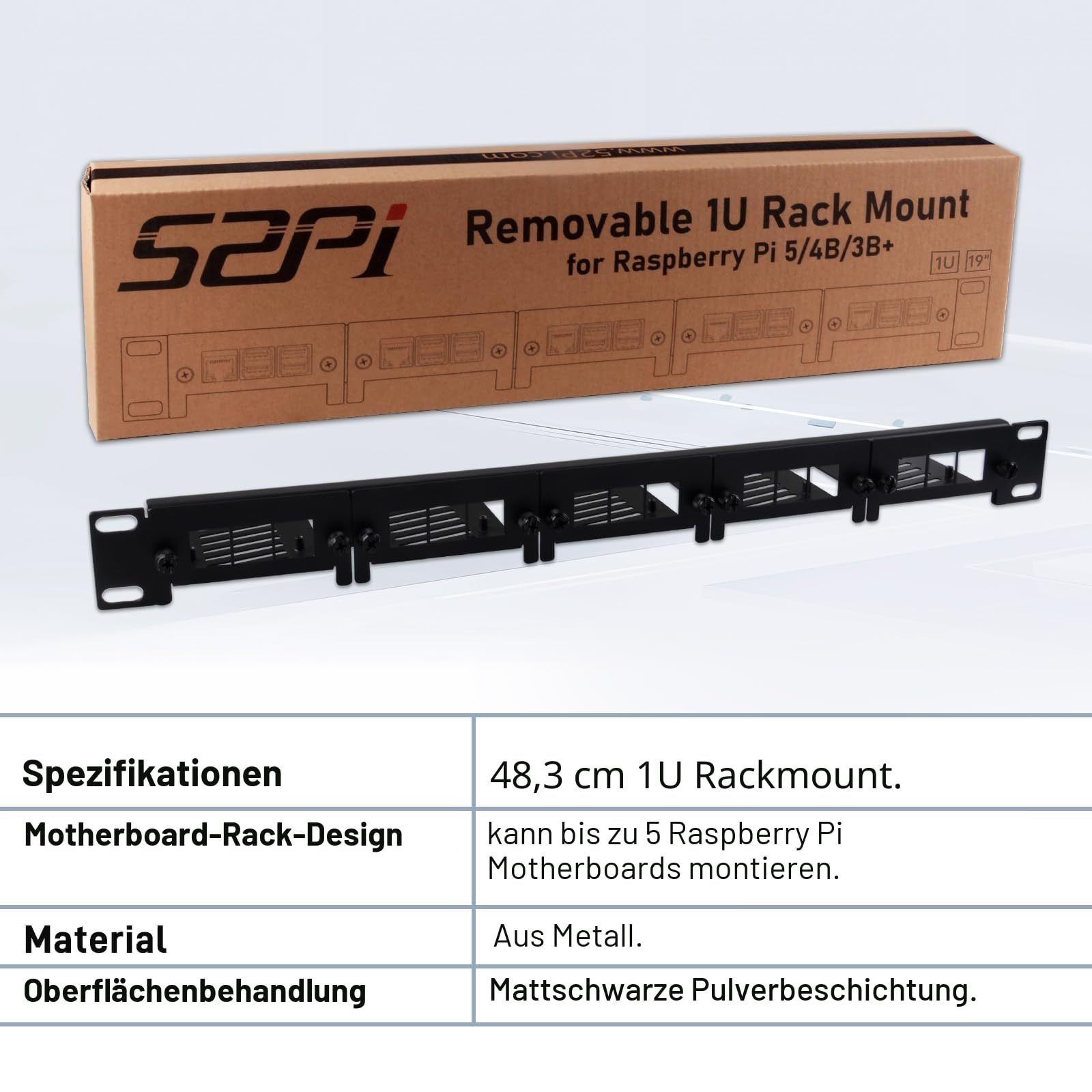 GeeekPi 19 Zoll 1U Rackmount für Raspberry Pi 5/4B/3B+/3B, mit abnehmbaren Fronthalterungen, kompatibel mit 19 Zoll Serverschränken