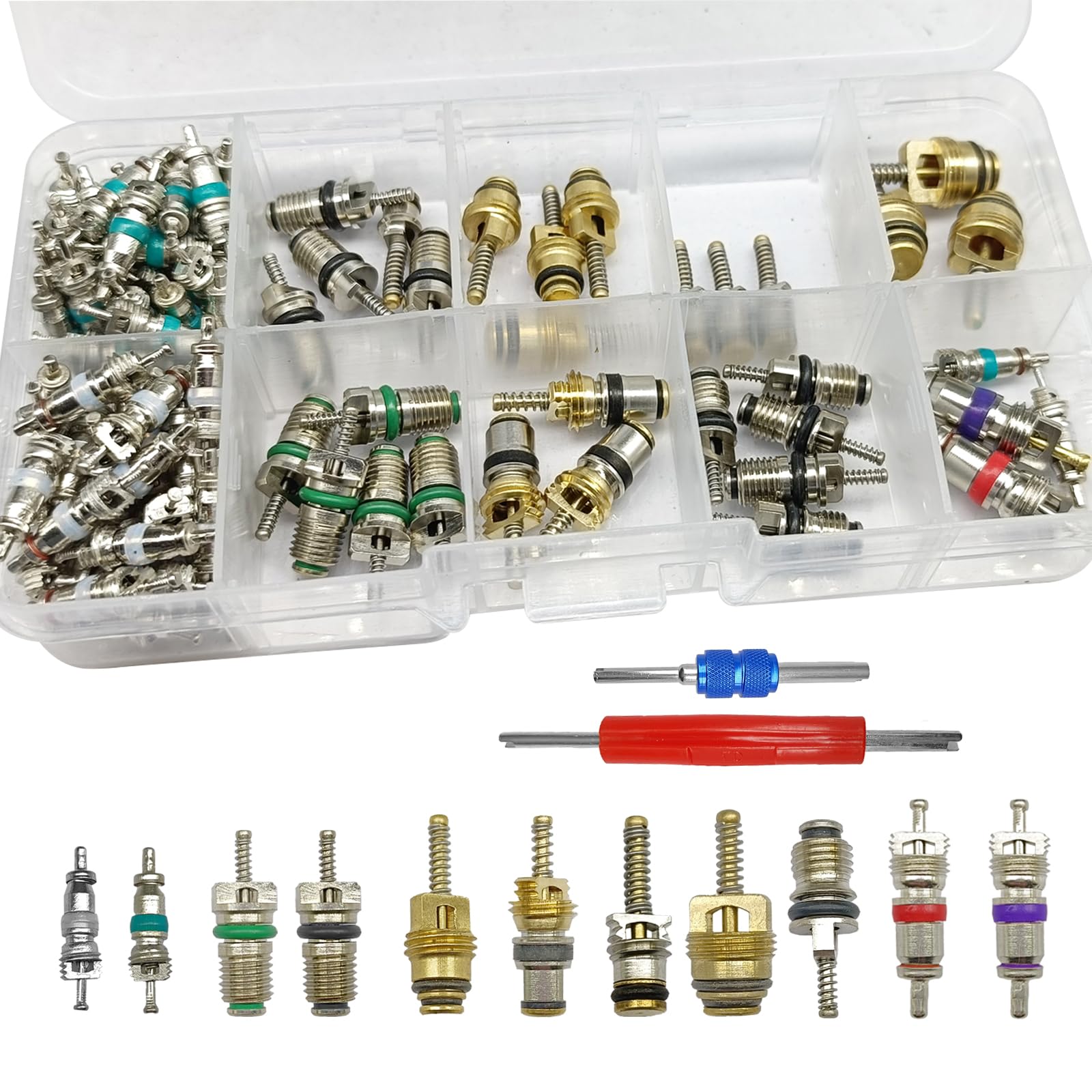 102Pcs Air Conditioning Valve Core Accessories Kit, A/C R12 R134a Refrigeration Tire Valve Stem with Double Head Dual Dismantling Remover Installer Tool Assortment Kit