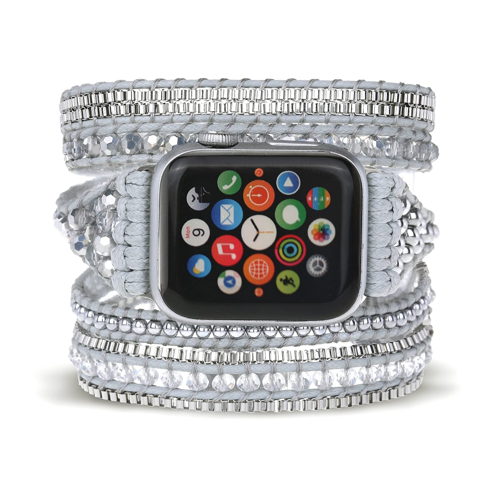 Boho Watch Band Compatible with Apple Watch Band Bracelet for Women Men 38mm 40mm 41mm - Handmade Crystal Stone Beaded Wrap Apple Watch Strap for Iwatch Band Series 10 9 8 7 6 SE Ultra 2 5 4 3 2 1 Silver