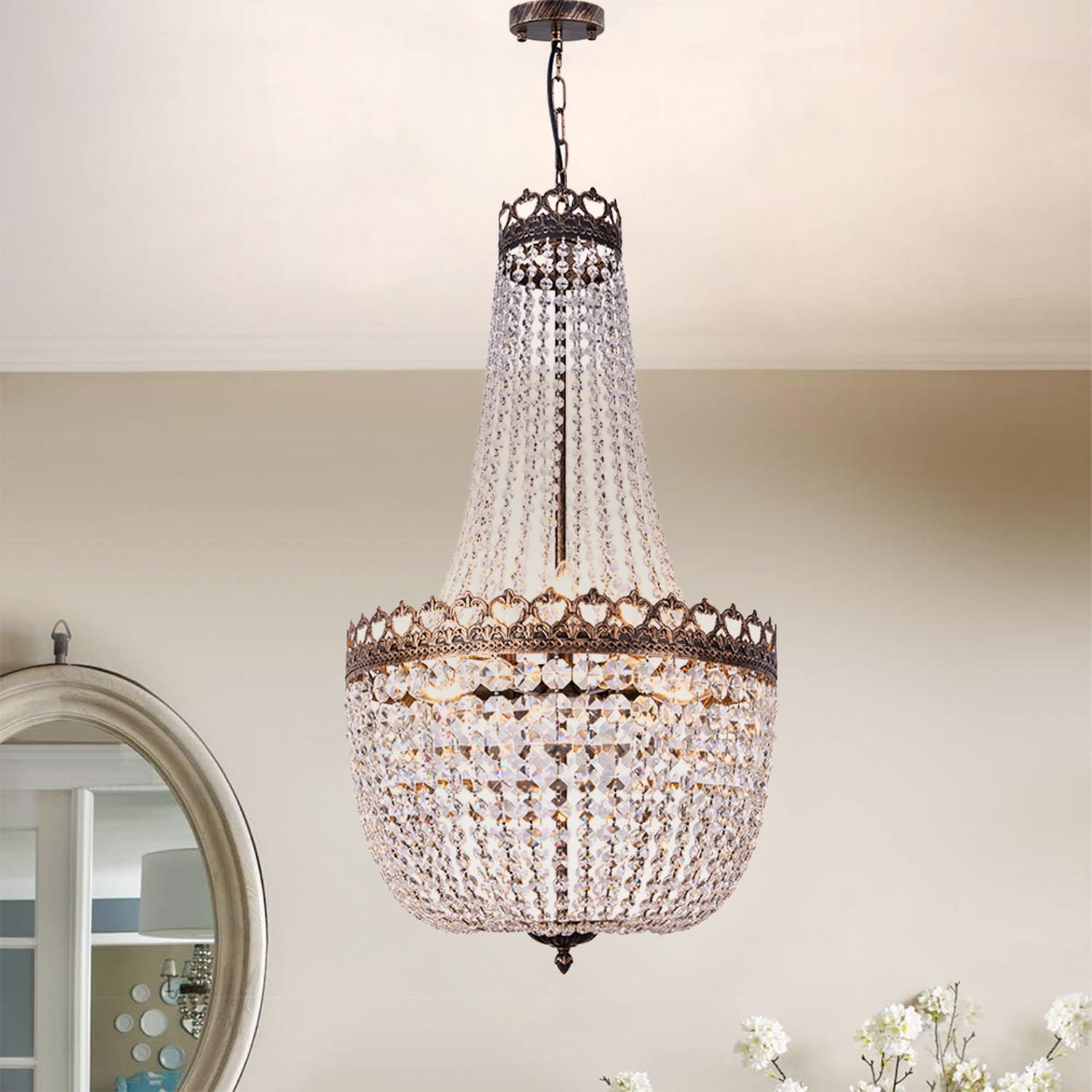 Wellmet Crystal Chandelier Lights, 9-Light French Empire Foyer Chandelier Pendant, Hanging Ceiling Lighting Fixture for Hallway Dining Living Room Bedroom Kitchen, 30" H x 19.69" W, Antique Bronze