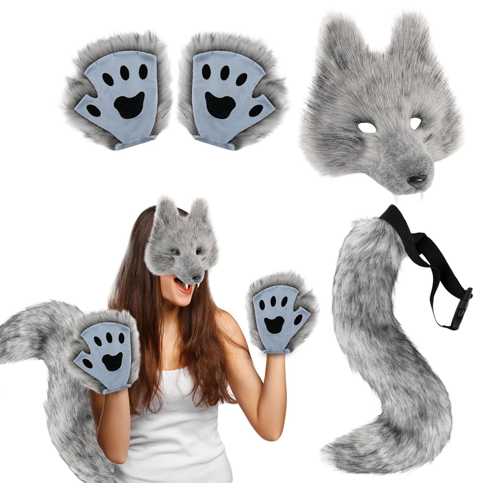 Halloween Werewolf Mask Gloves & Tail Set Realistic Wolf Mask,Furry Gloves &Tail,Complete Wolf Costume Cosplay Christmas