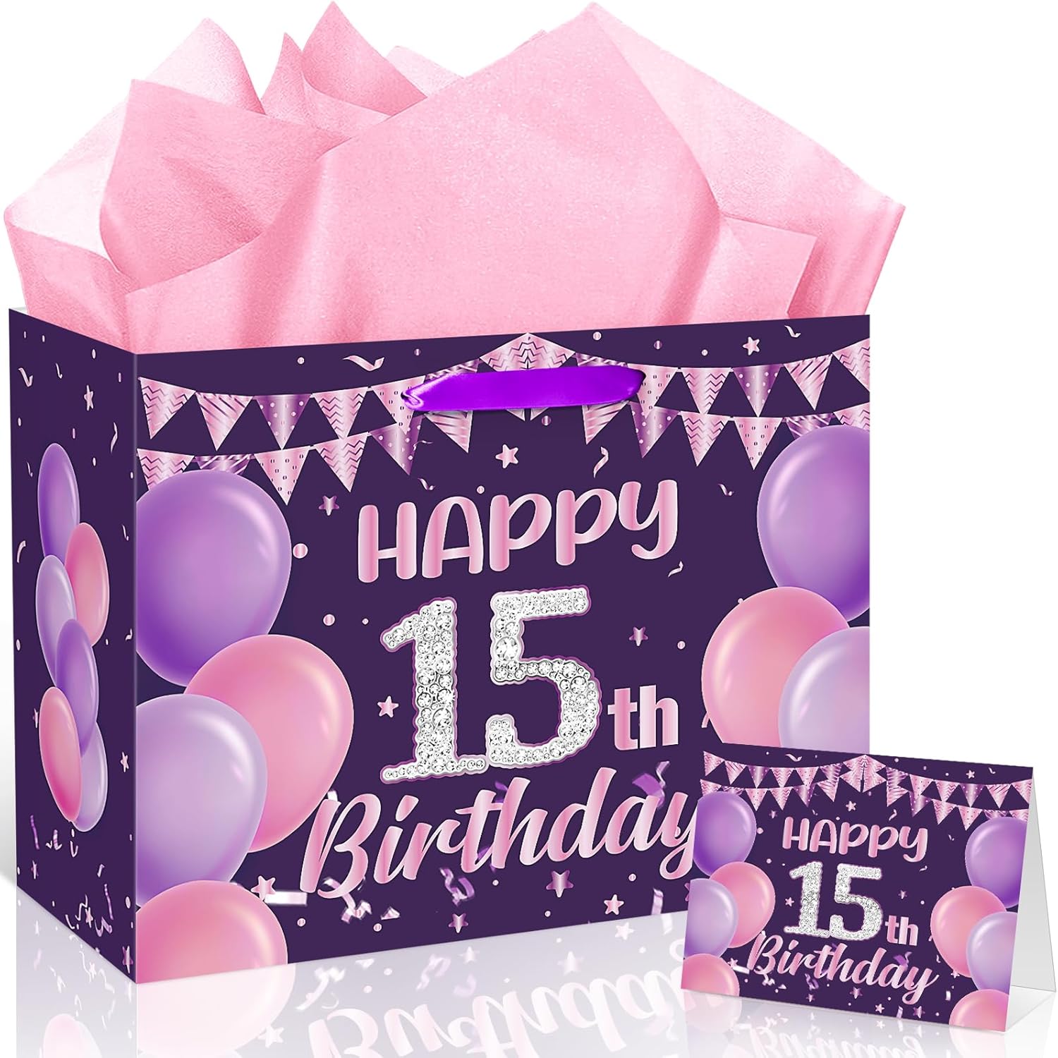 Happy 15th Birthday Gift Bag for Girls, Purple and Pink 15 Years Old Birthday Party Decorations Large 15 Fifteen Gift Bag with Greeting Card and Wrapping Paper for Girls 15th Bday Party Supplies