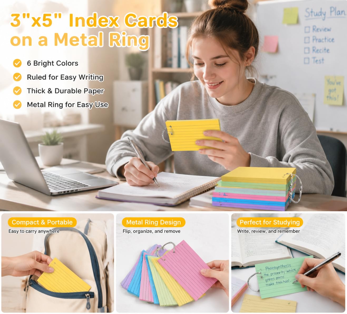 Tecmisse Karteikarten, liniert, bunte Karteikarten, 7,6 x 12,7 cm, mit Ringen, schwere Lernkarten, Notizkarten gelocht für Schule, Büro und Zuhause (6 Farben verdickt), 600 Stück
