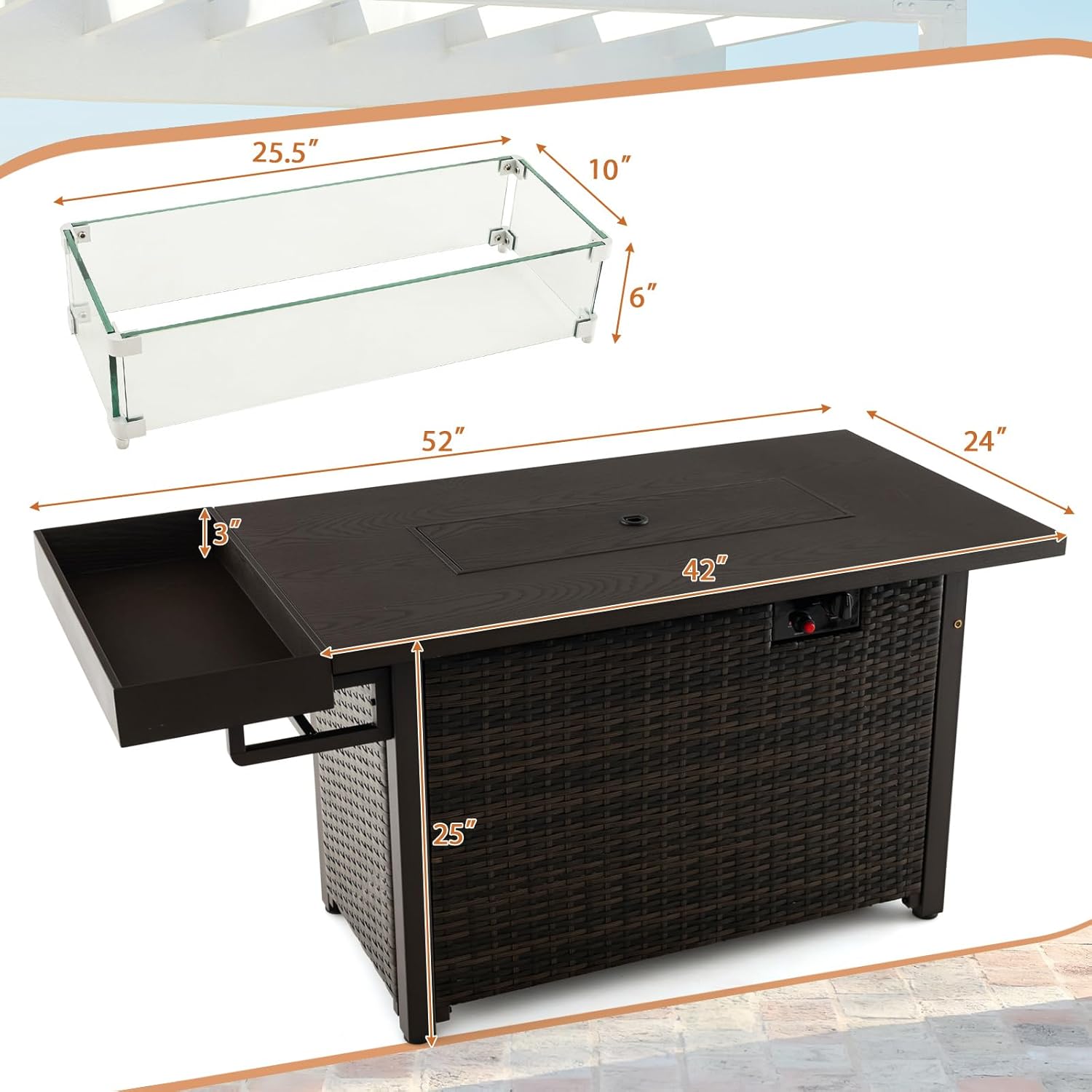 Giantex 52" Outdoor Propane Fire Pit - 50,000 BTU Wicker Patio Gas Fire Table w/Lid, Waterproof Cover, Tempered Glass Wind Guard & Blue Fire Stone, PE Rattan Firepit Table w/Storage Shelf (Brown)