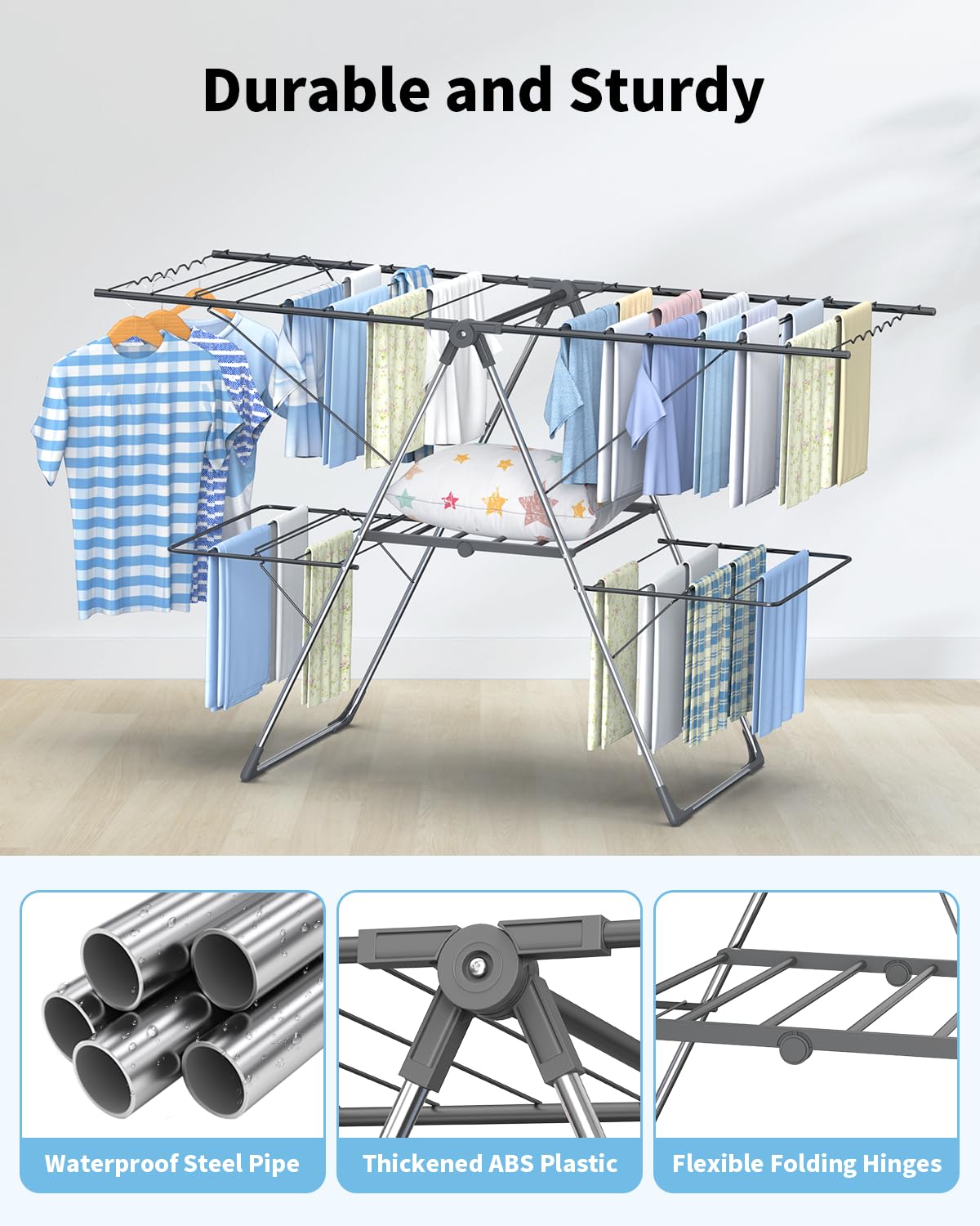 Innotic Stendino verticale, stendibiancheria pieghevole, stendini salvaspazio resistente, carico 35 kg, richiudibile, portatile, stendipanni per balcone interno esterno, 142×58×88, grigio