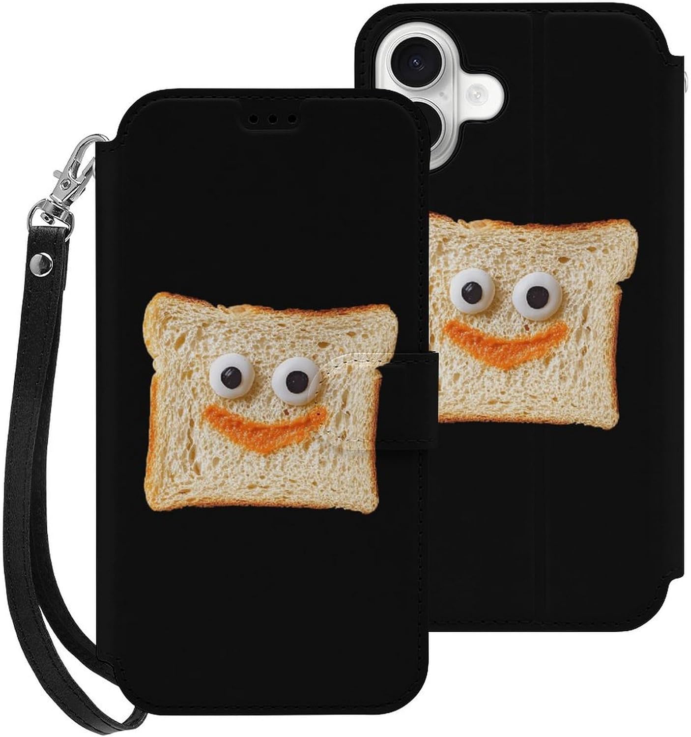 Funny Toast Slices Compatible with iPhone 16/16 Plus/16 Pro/16 Pro Max/16 E Case Phone Wallet Card Holder Flip Cover with Wrist Strap