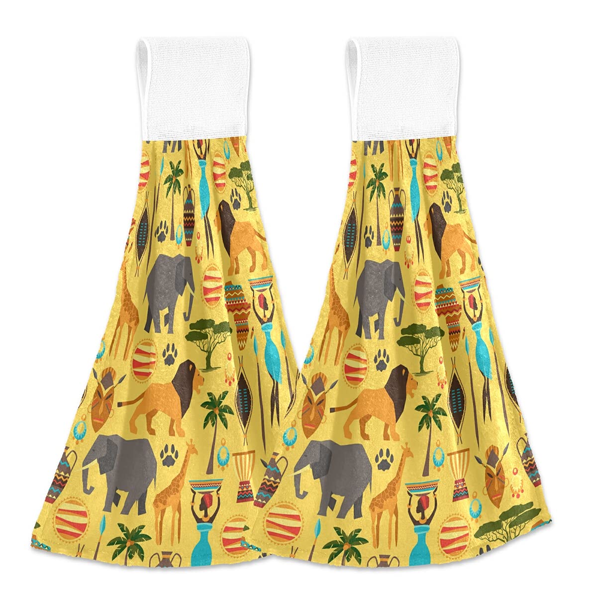 DOMIKING Animals Elepahants Hanging Kitchen Tie Towels 2 Pieces Hanging Loops Soft Coral Velvet Super Absorbent Hand Towels for Home Decor