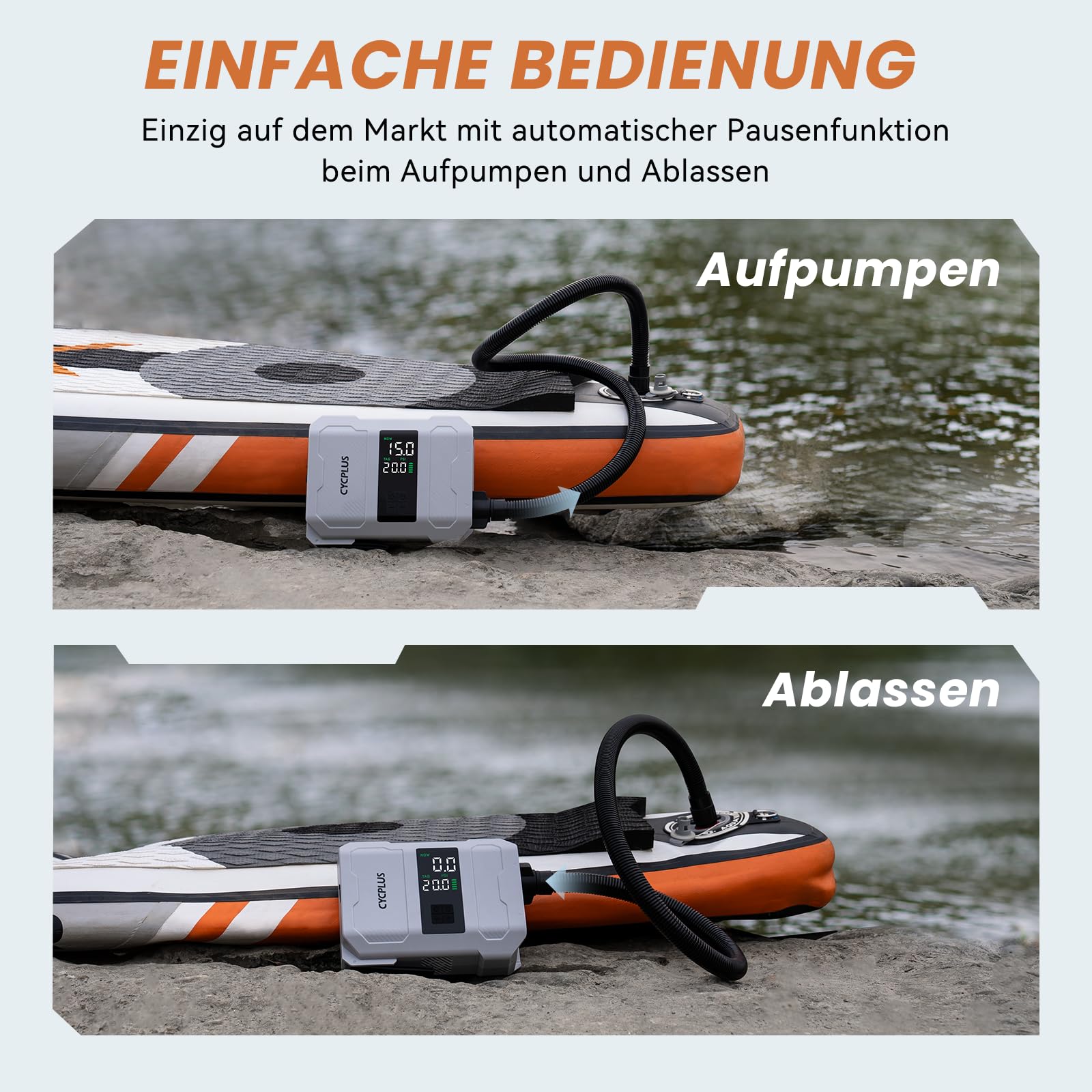 CYCPLUS SUP Pumpe, 20PSI, 5200mAh Akku, Aufpumpen & Ablassen | Zwei-Stufen-Aufpumpen, Auto-Stopp & Doppel-LED-Anzeige, für SUP Board Schlauchboot Zelt Matratze