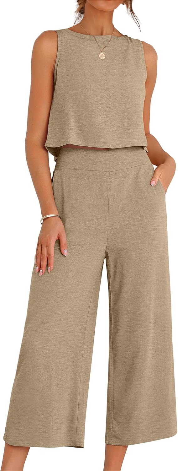 ANRABESS Women Lounge Sets 2 Piece Outfits Summer Sleeveless Crop Tops Capri Wide Leg Pants Vacation Beach Travel Sets