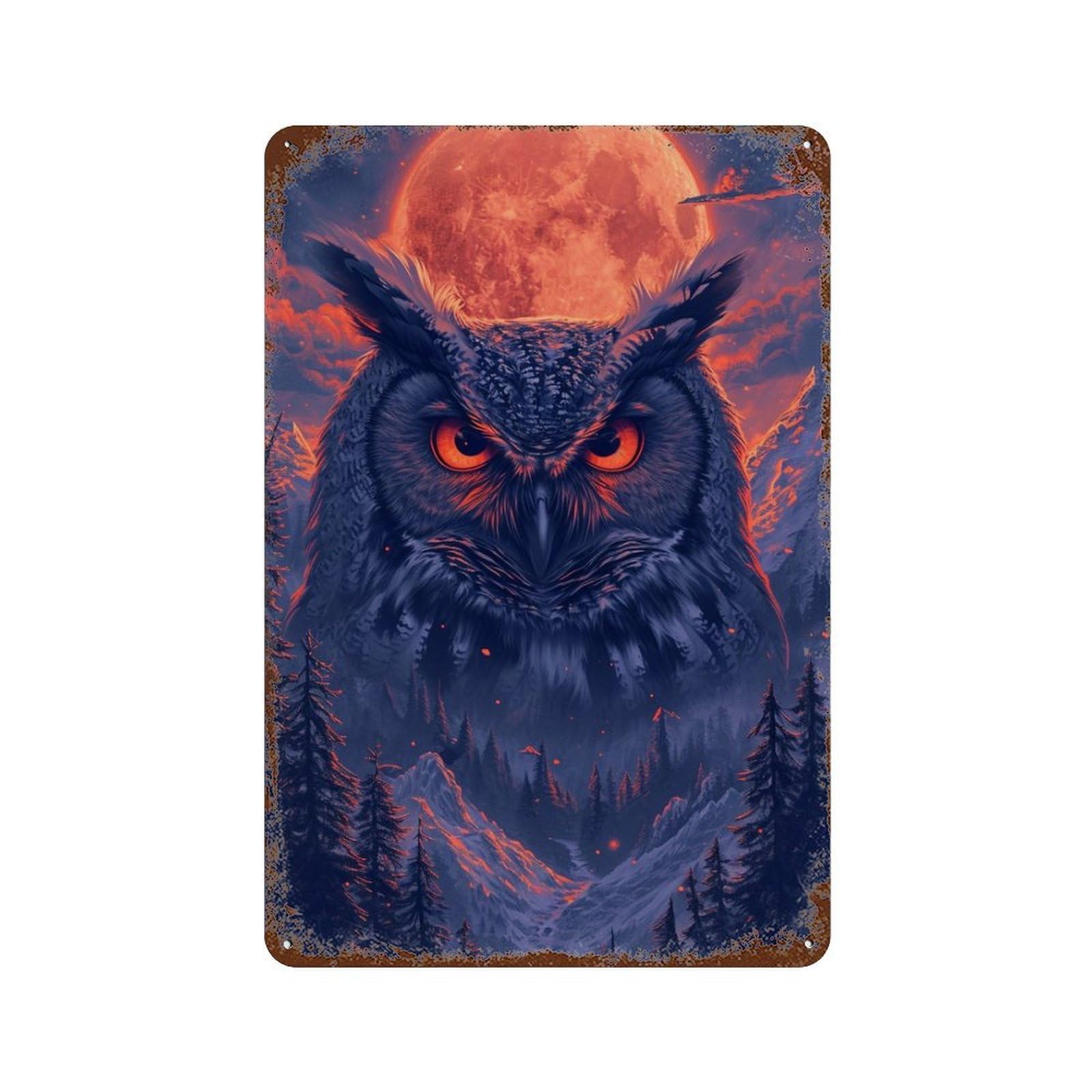 Owl Moonlit Forest Aged Metal Wall Plaque 11.8"x7.9", Industrial Home Decor for Garage, Pub Or Kitchen