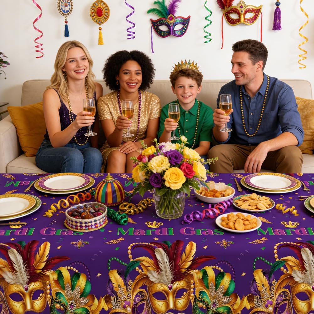 Mardi Gras Tablecloth, 8 PCS Mardi Gras Table Cloth Disposable, Plastic Purple Carnival Mask Decorative Masquerade Tables Cover Rectangular for Mardi Gras Party Decoration Supplies, 54 X 108 Inch