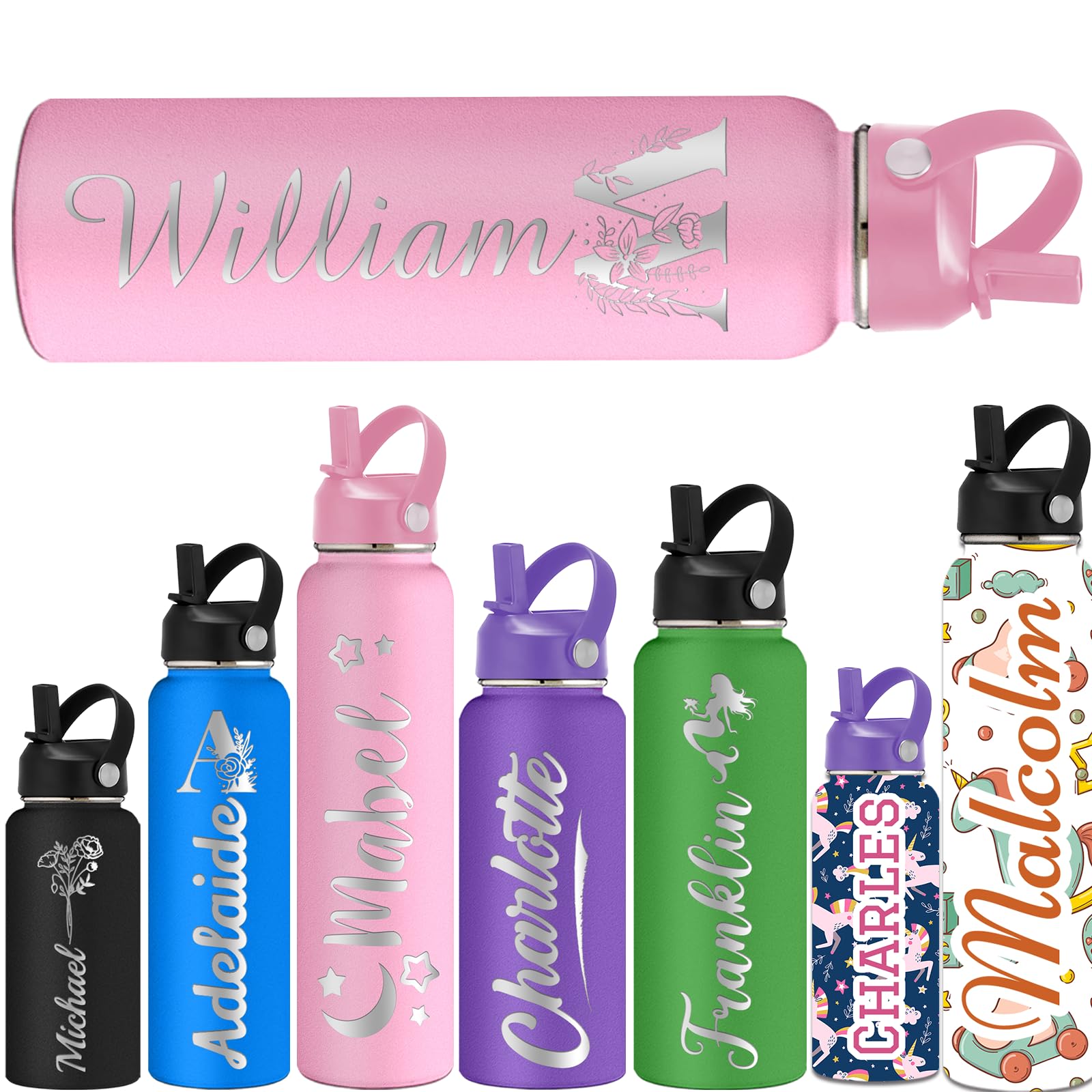 ShAxzHen Personalised Water Bottles for Kids with Straw Lid 40/32/24/18/12oz Custom Insulated Water Bottle Stainless Steel with Name Logo Customised Engraved Cups for School Sport Gym Initials Pink