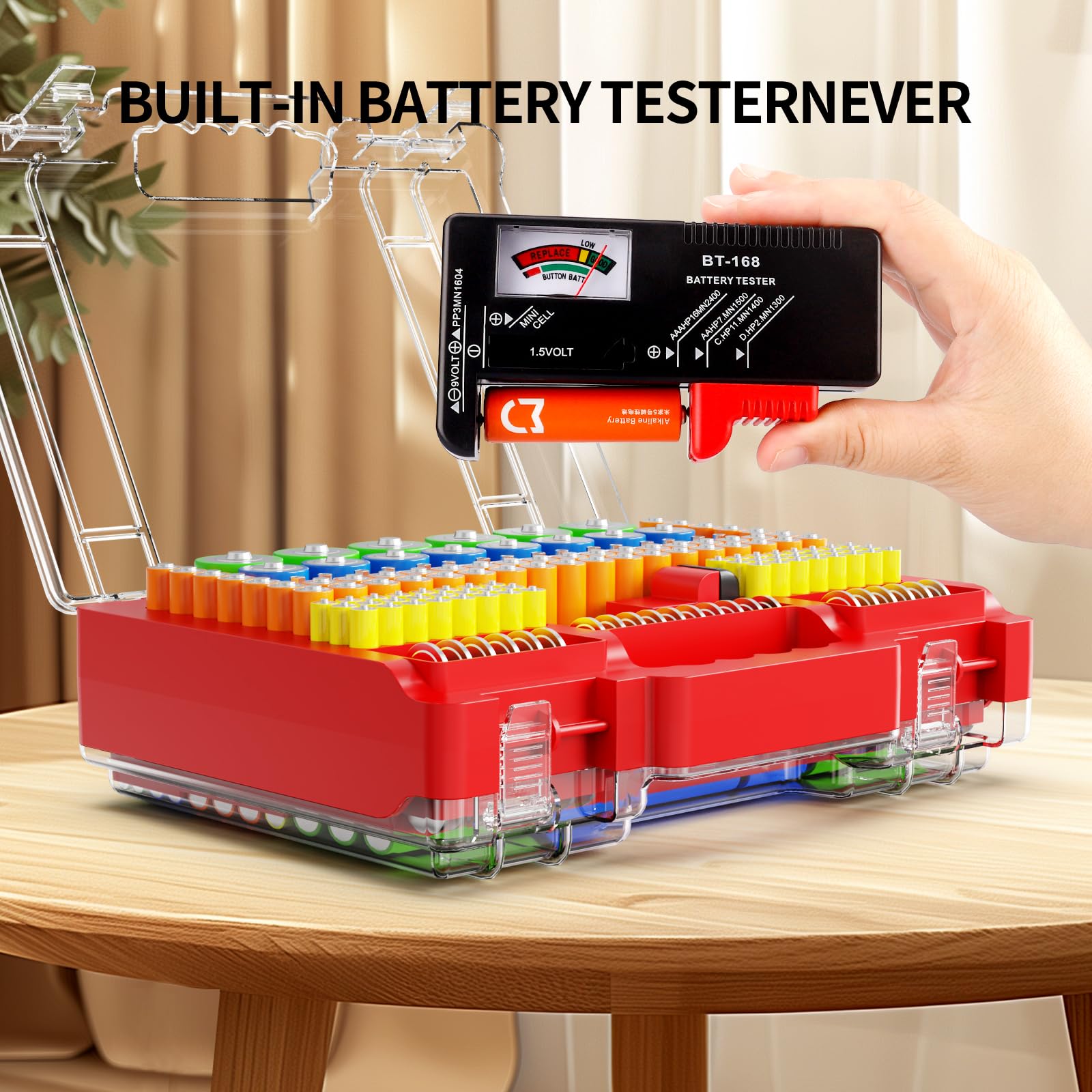 PUBUBLLE Battery Organizer Storage Holder Box Case With Tester, New Ultra- Large 285 Batteries Double-Sided Variety Pack, Holds AA AAA 4A C D Button Cell 9V 3V CR123 CR1632 LR44 Lithium18650 CR2 Red - View #4