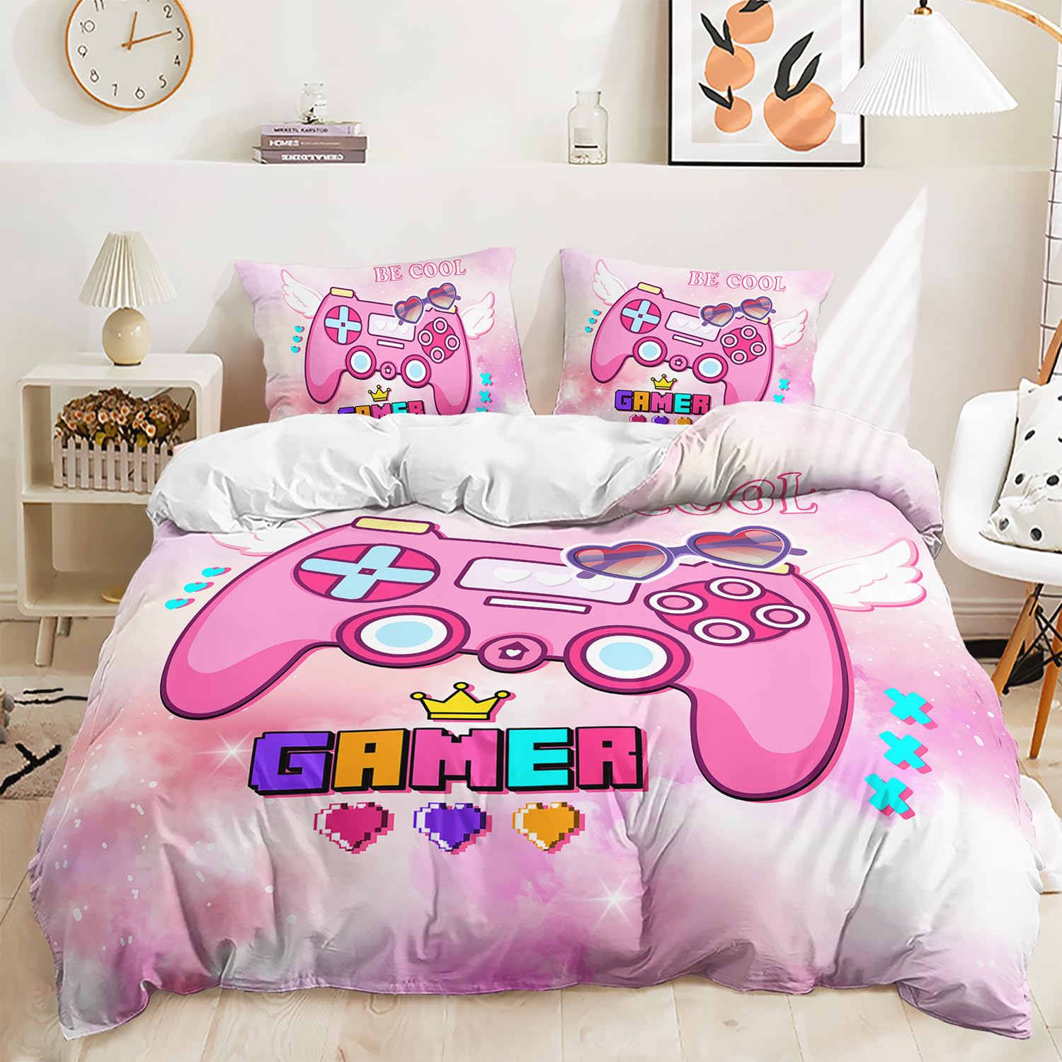 Single Duvet cover Set 135x200 cm Gamepad Bedding Set Pink Game Controller Duvet Cover Sets Easy Care Kids Single Bedding Microfiber Quilt Cover with Zipper and 2 Pillow Case