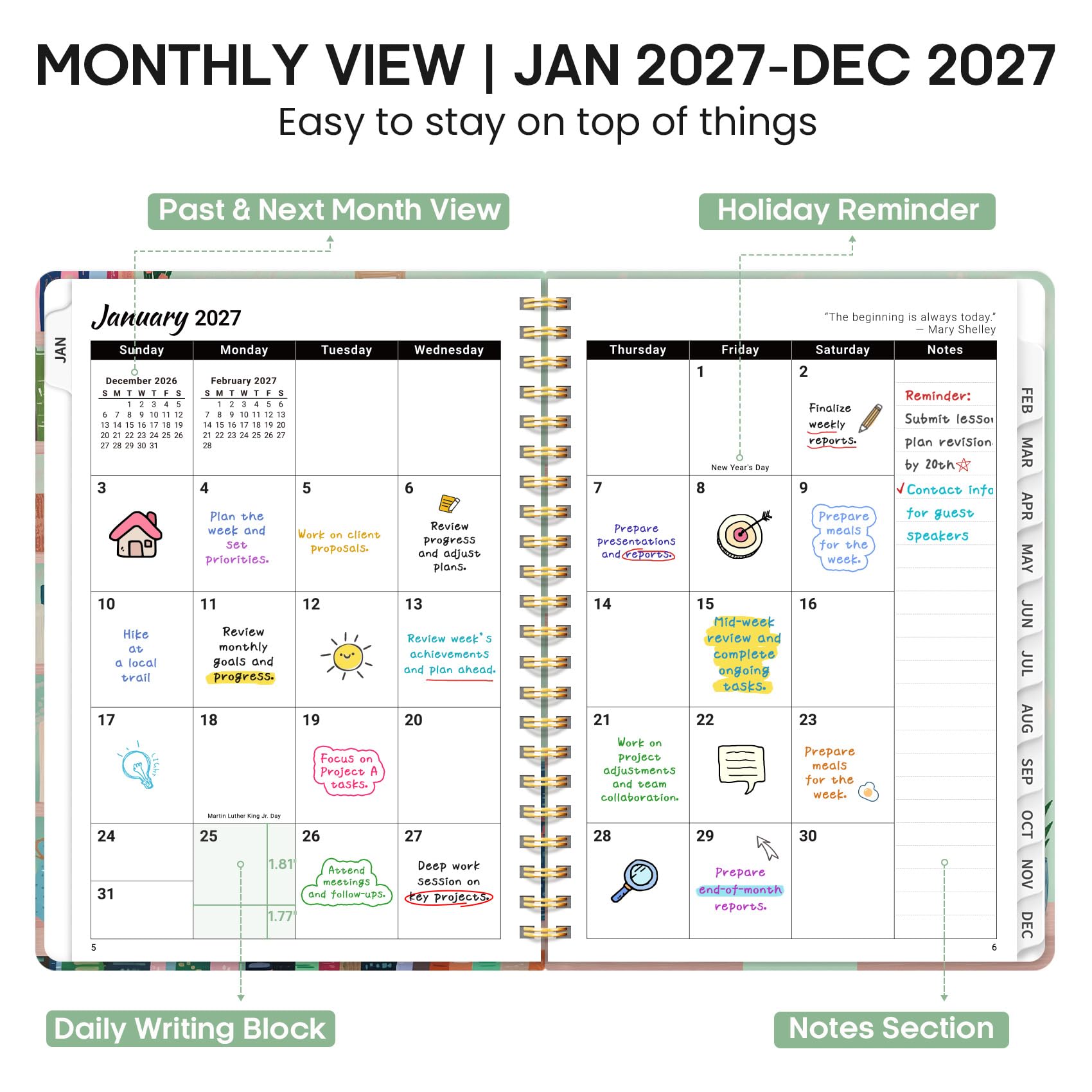Planning 2027 - 21,6 x 27,9 cm - Calendrier hebdomadaire et mensuel - De janvier 2027 à décembre 2027 - Couverture rigide avec onglets mensuels, pages de notes - Parfait pour homme et femme - Format