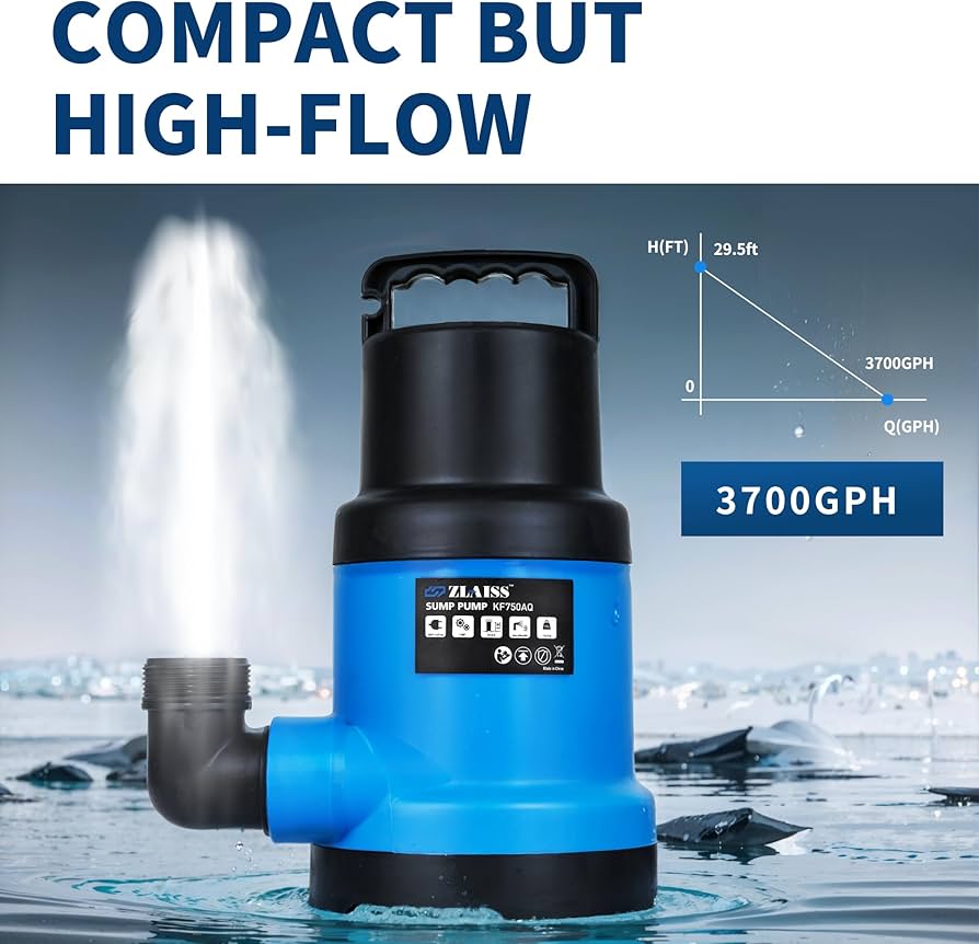 ZLAISS1HP Sump Pump Submersible - 3700 GPH Water Pump with ZLAISS1HP Sump Pump Submersible - 3700 GPH Water Pump with