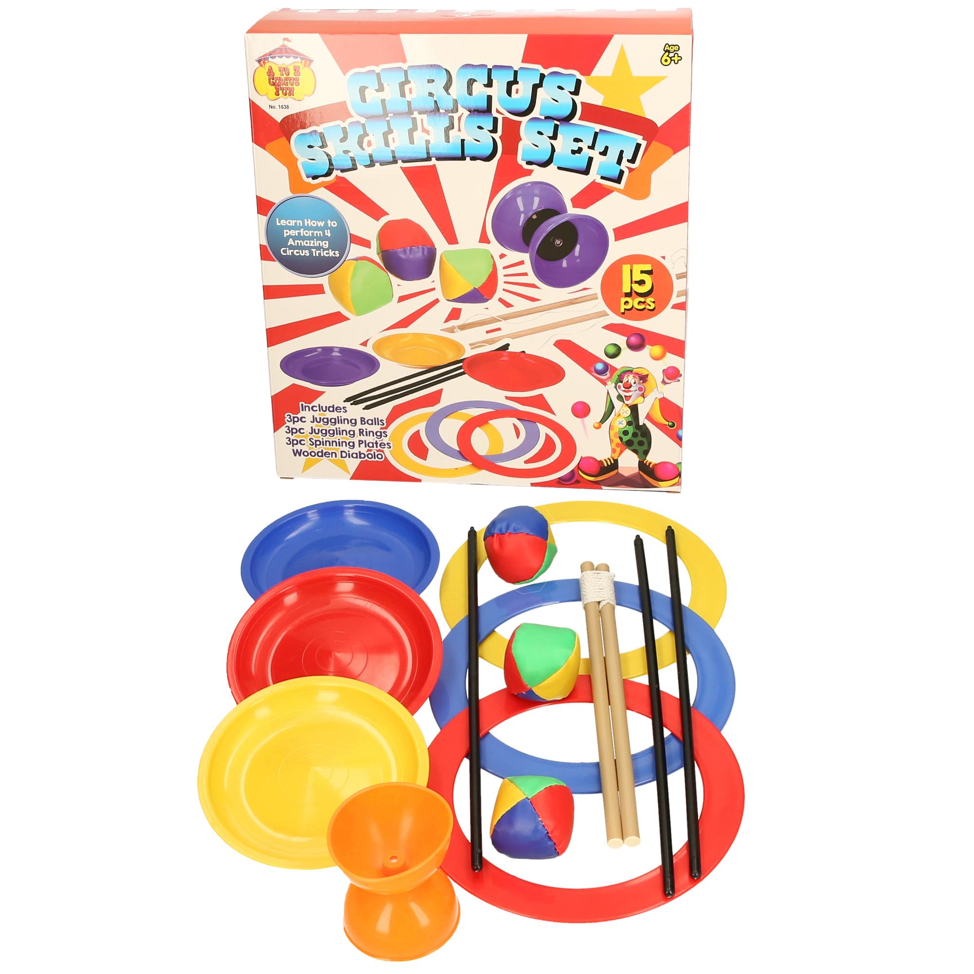 Circus Skills Set, 15 Pieces with Juggling Balls, Rings, Spinning Plates and Wooden Diabolos, Age 6+