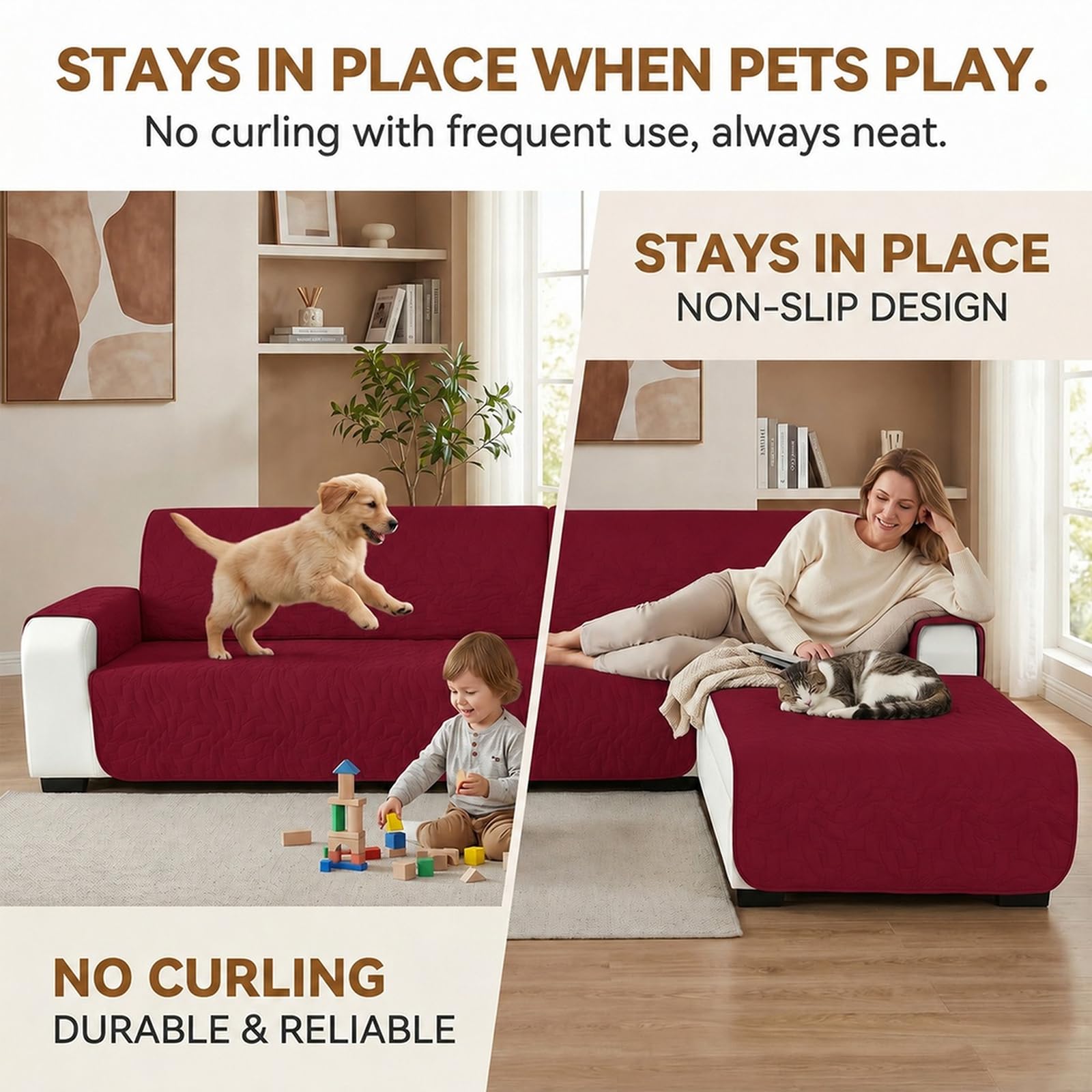 Sofabezug für Ecksofa, L-Form, 3 Sitzer, Wasserdicht, rutschfest, Universal, Reversibel, mit Armlehne, Waschbar, für Hund und Katze (Beige)