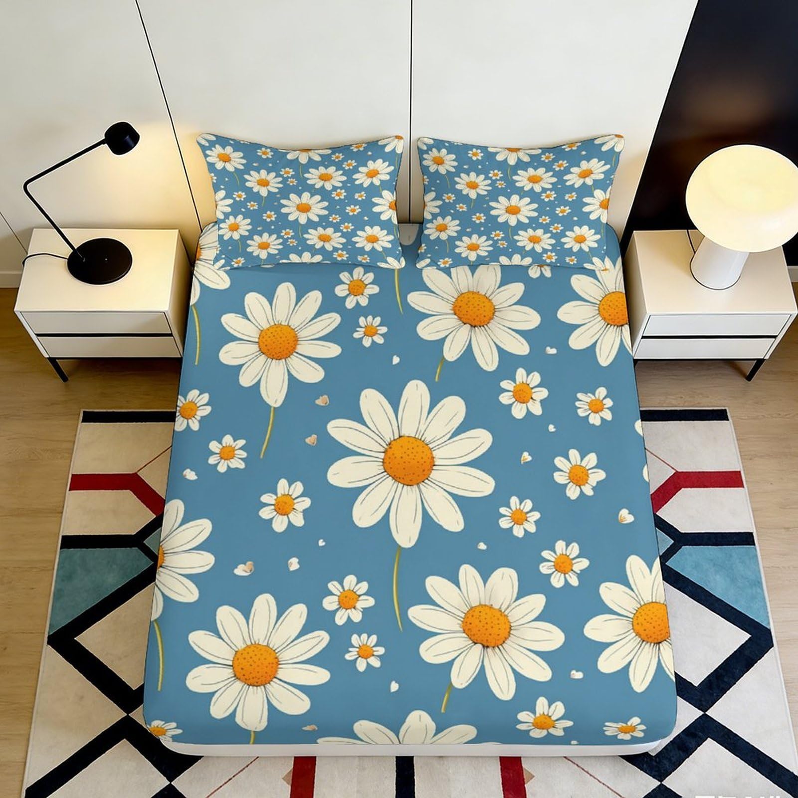3D Printed Daisy Floral Fitted Sheet Microfiber Soft Breathable Chamomile Mattress Cover for Bedroom Home Dormitory Guest Room Protection Decoration 160x200x25cm