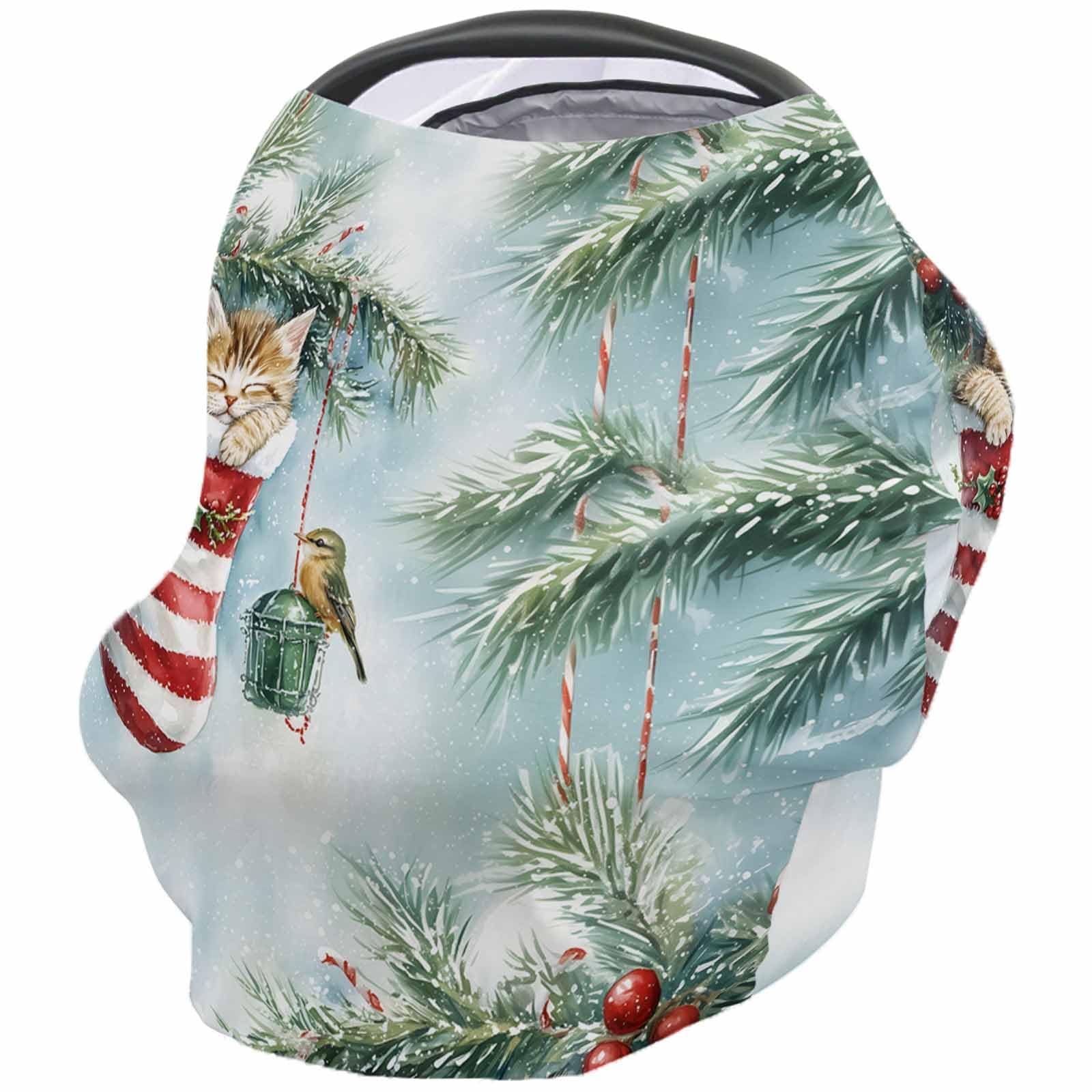 Nursing Cover for Breastfeeding Scarf, Pine Forest Red Striped Santa Sock Baby Car Covers Super Soft Multi Use for Canopy Shopping Cart Cover Blanket Stroller Cover