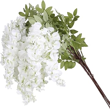 4PCS White Artificial Wisteria Hanging Flowers 40 Tall Lush Fake Wisteria Flowers for Floor Vases Silk Flowers for Wedding Arch Ceremony Window Box Home Garden Backdrop Decoration White