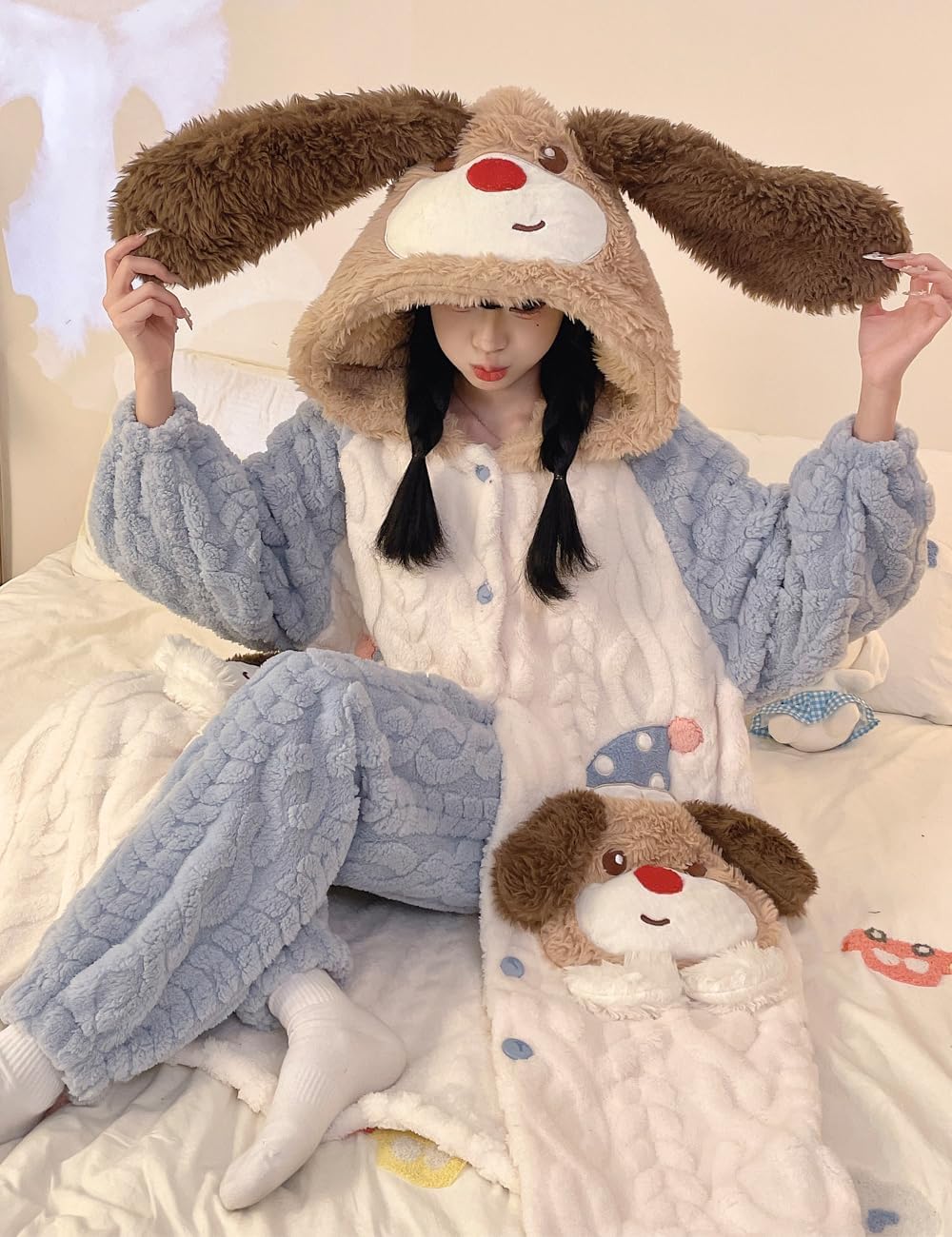 Brrioe Women's button bathrobe hoodie coat plush warm pajamas Long with cute Kawaii pattern pocket pajamas and trousers Sets - Image 3