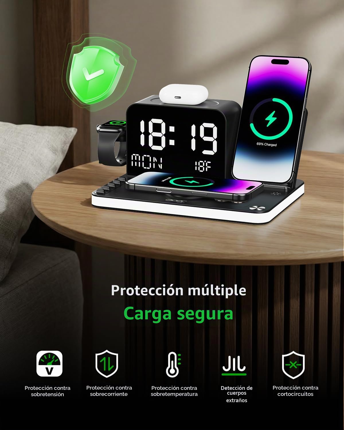 acer Estación de carga inalámbrica 7 en 1 con luz nocturna de brillo ajustable, compatible con iPhone 16/15/14/13/12 todas las series, teléfonos Android, AirPods e iWatch, cargador rápido con pantalla