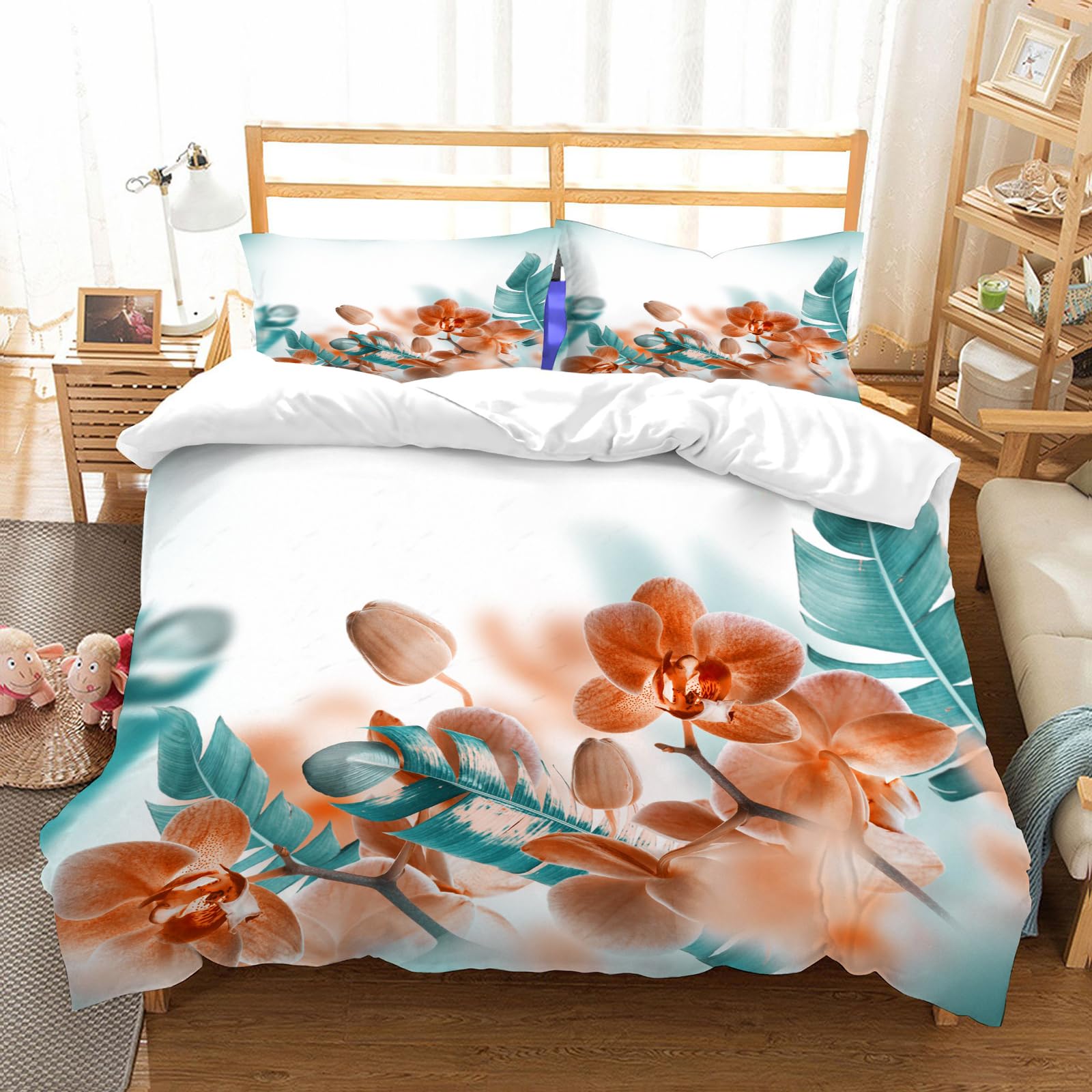 Ensemble de literie anti-plis en microfibres pour lit 178x208cm orchidées