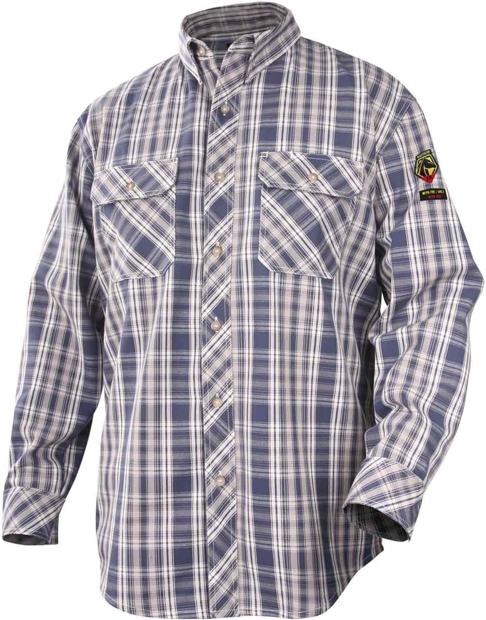 Black Stallion (WF2110-PB Cotton Work Shirt, 7 oz Flame Resistant AR/FR Cotton, Pearl Snap Closure, Chest Pockets with Flaps, Flame Resistant Stitching, Medium, Blue Plaid