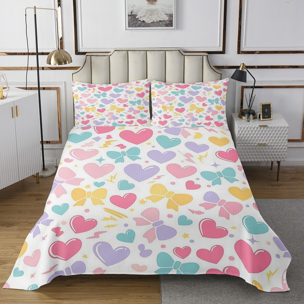 jejeloiu Heart Bedspread Queen Size Cute Rainbow Quilted Coverlet for Boys Girls Teens Pure White Coverlet Set Breathable Soft Lightweight Microfiber