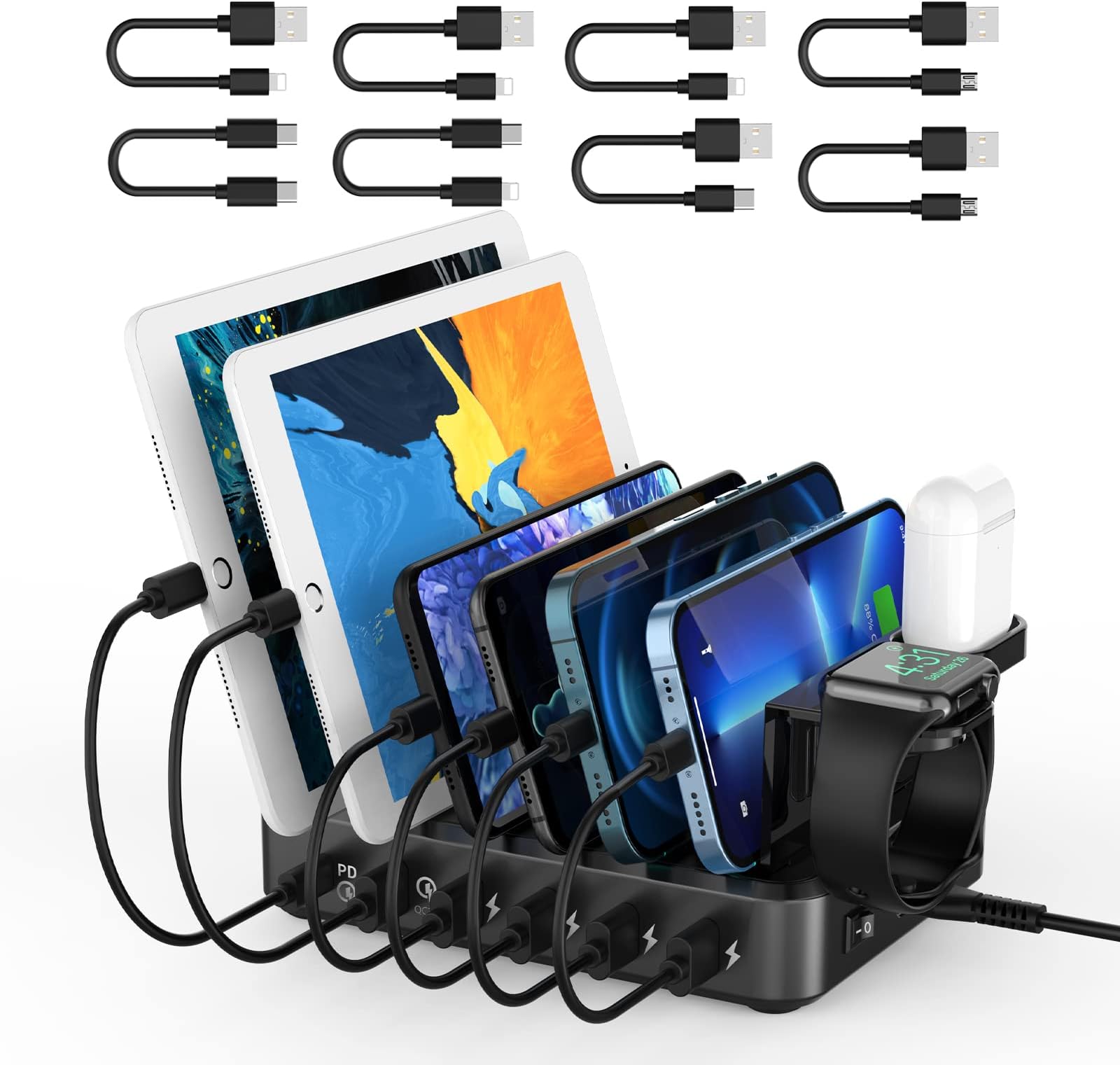 Charging Station for Multiple Devices,68W 6 Ports Charging Dock with PD 20W USB-C & Quick Charge 3.0,8 Short Charging Cables Included,i-Watch Holder, Compatible with iPhone iPad,Tablets
