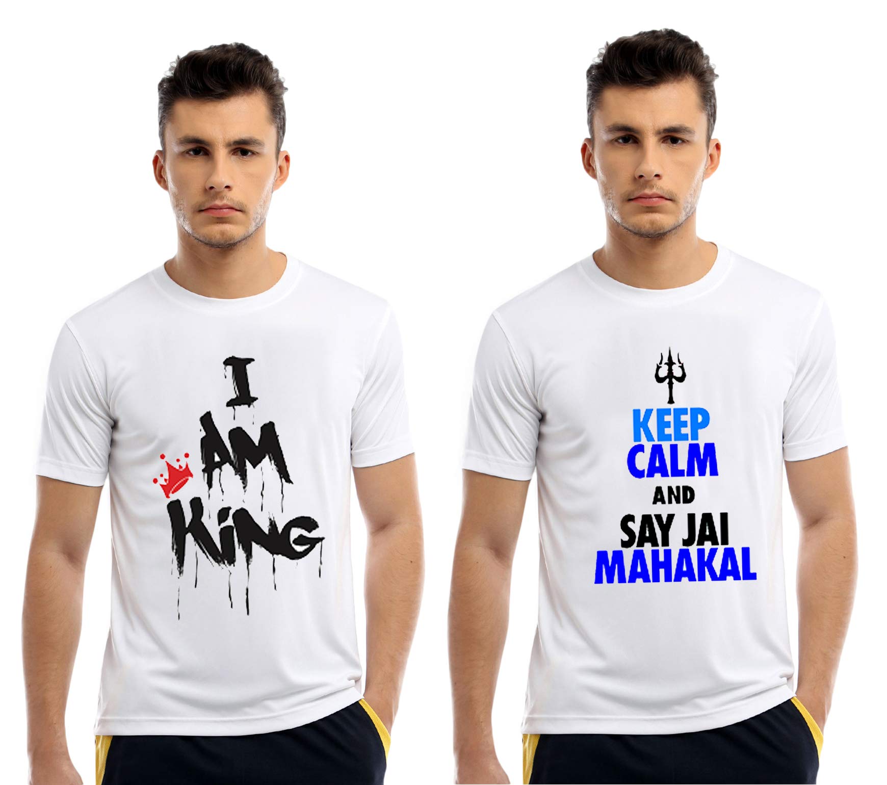 Mens Round Neck Printed Reguler Fit Half slevees White Combo T-Shirt (I AM King & Jay MAHAKAL)