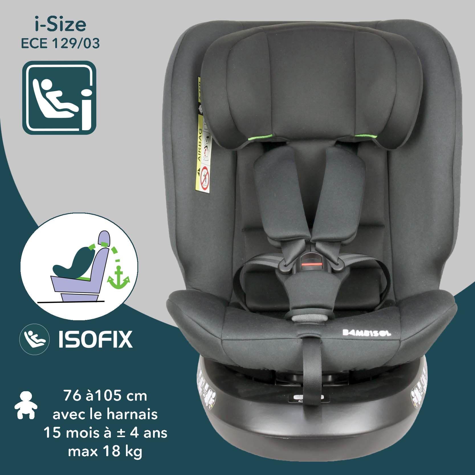 Bambisol - Siege Auto Rotatif 360° - Evolutif Rehausseur - Isofix I-Size ECE129/03-40cm (Naissance) à 150 cm (environ 12 ans - 36 kg)