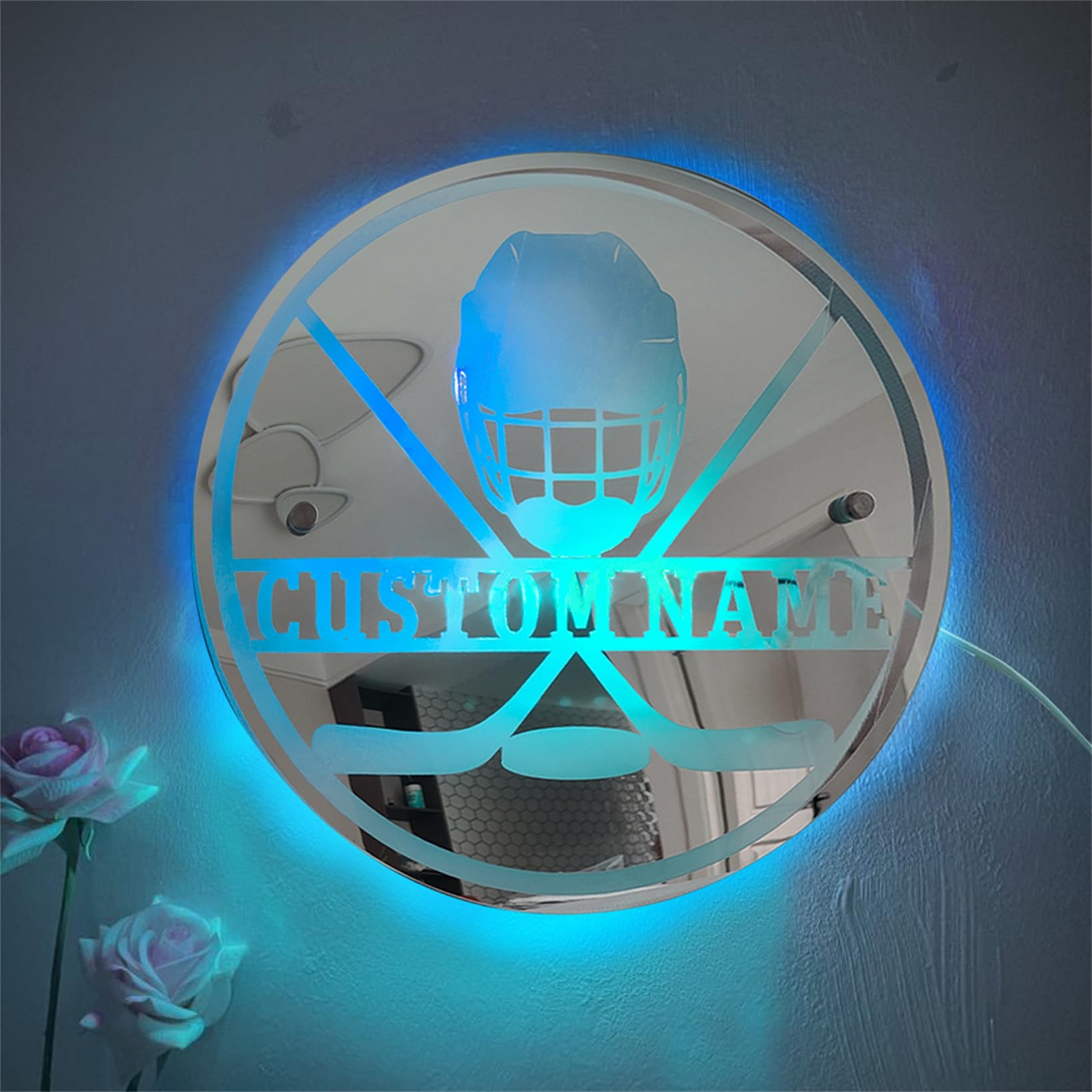 Collienght Personalized Hockey LED Mirror Light 16 Colors Neon Mirror Football Sign Unique Wall Art Decor Acrylic Mirror Etched Mirrors for Boy Men Sport Lover (Hockey Wall Mirror Light) — image 1