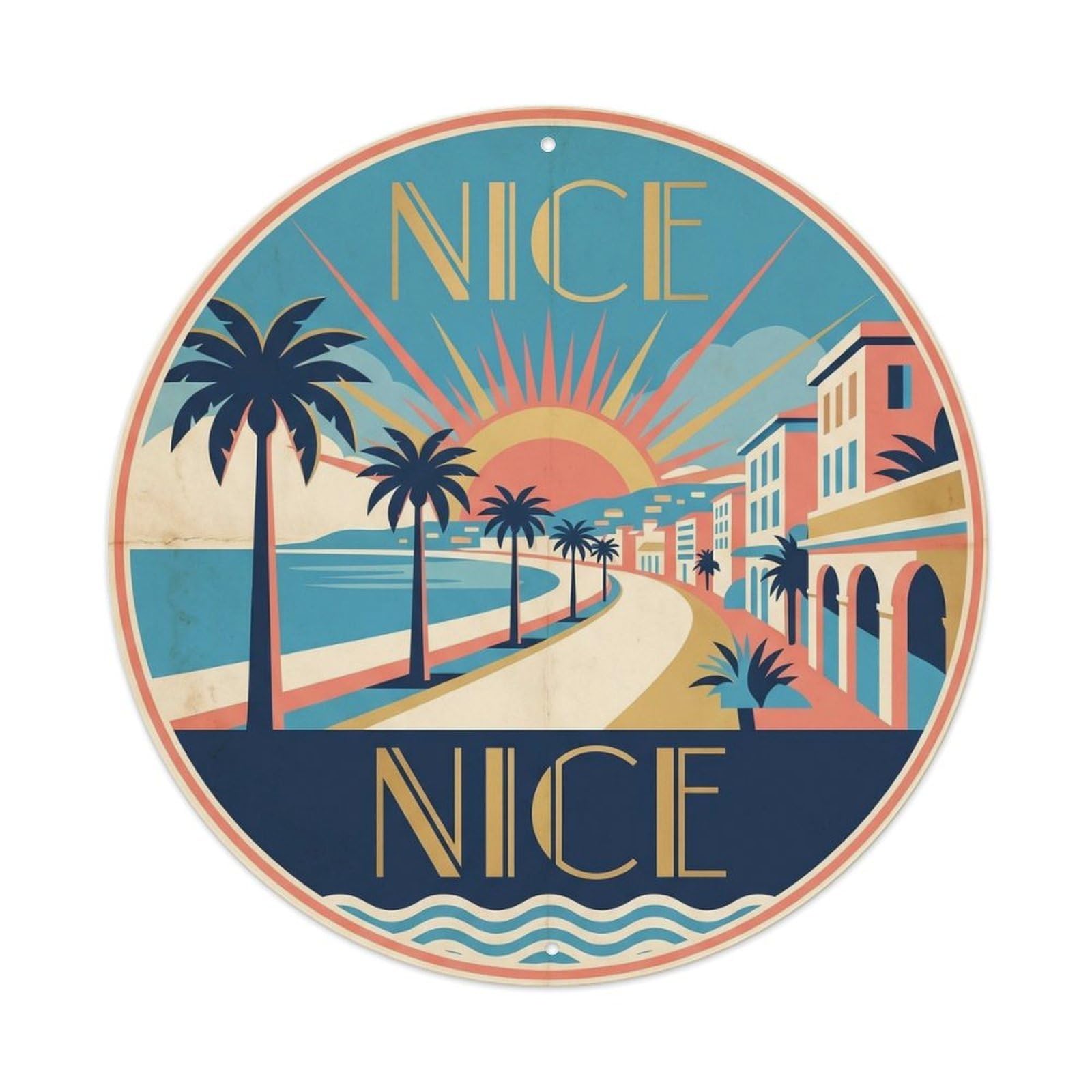 French Riviera Nice Deco Style Beach Travel Sunburst Metal Tin Sign Plaque Wall Decor for Cafe, Man Cave, Club Bar, Office, Home Garden Round Metal Poster 8x8Inch