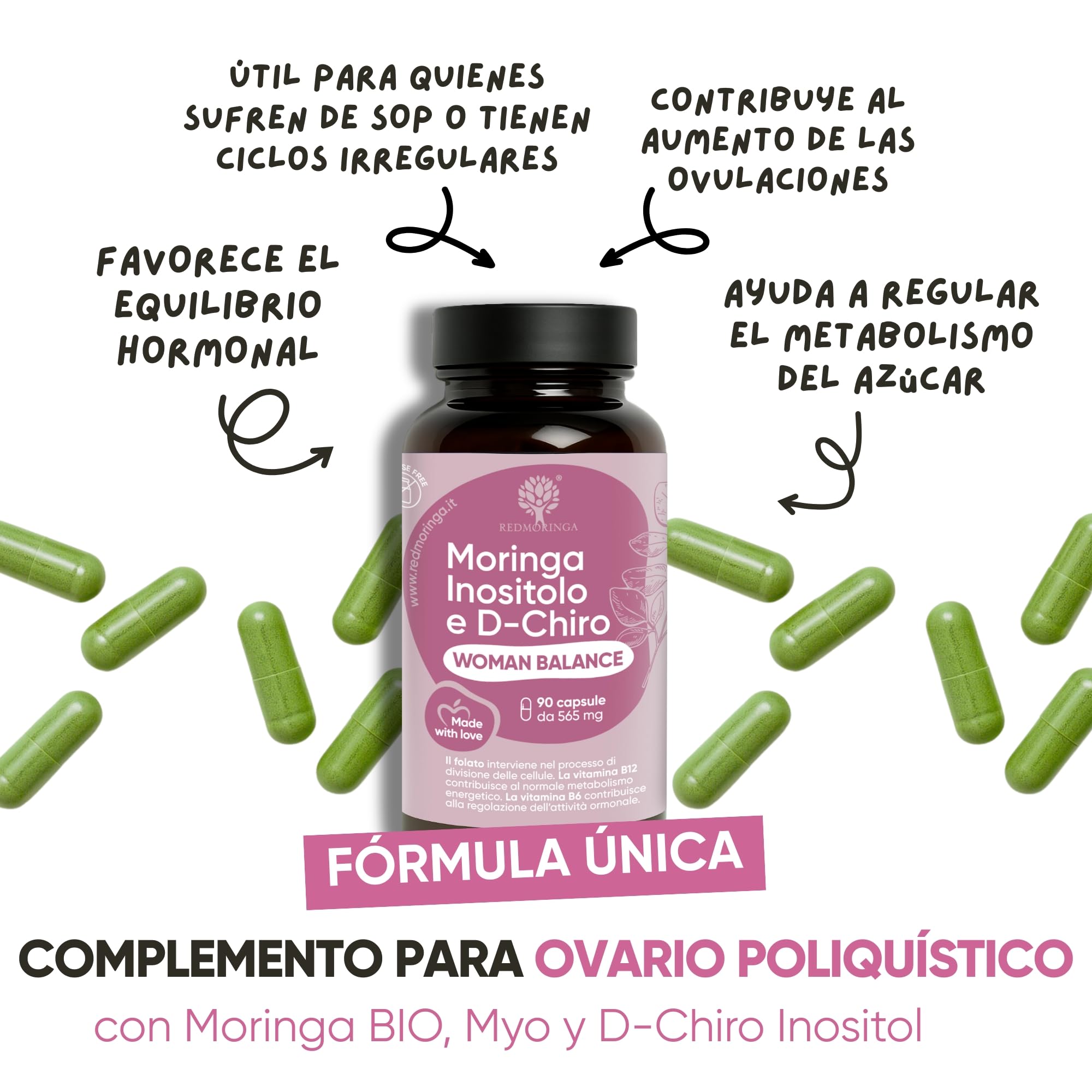 Myo-Inositol + D-Chiro Inositol | Vitaminas B12, B6, D, Ácido Fólico y Moringa Bio | Complemento Woman Balance PCOS (Síndrome de Ovario Poliquístico) | Regularidad Menstrual | 270 Cápsulas RedMoringa