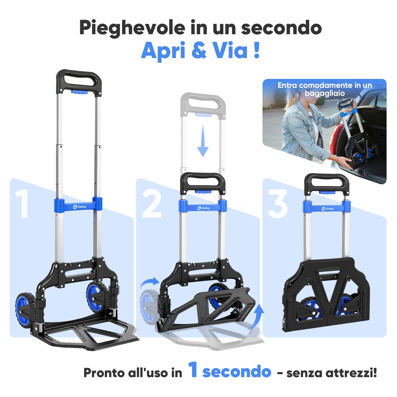 Sekey Carrello pieghevole e leggero per il trasporto, solo 3,5 kg, portata 80 kg, altezza regolabile in 3 livelli e pieghevole in pochi secondi, in alluminio con ruote in TPR e manico ergonomico