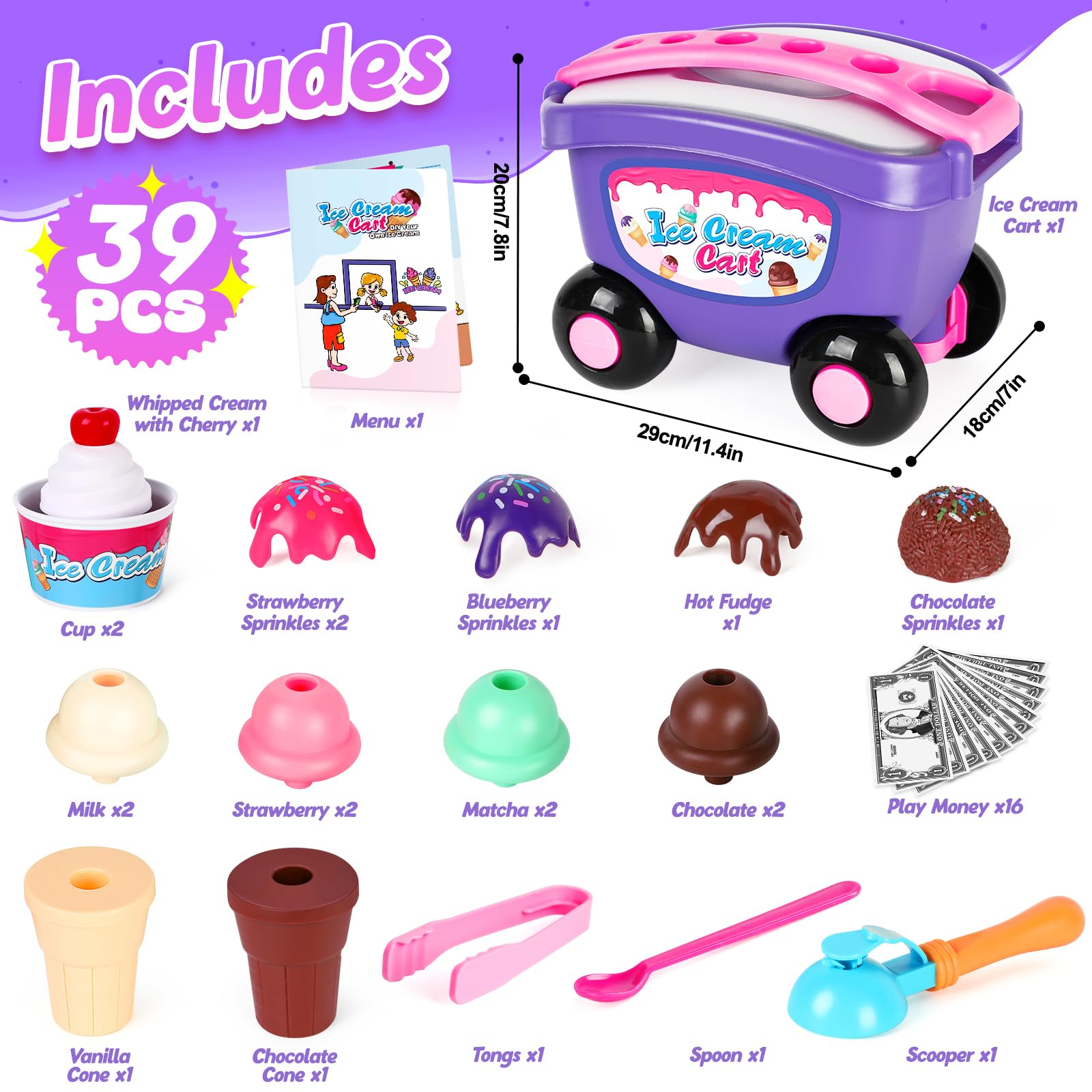 Kasfalci Ice Cream Cart Toy, Ice Cream Shop Playset for Kids, Grocery Store Pretend Play Food Toys, Shopping Cart for Toddlers, Scoop and Serve Counter, Educational toys for 3 4 5 6 Years Old Girl Boy