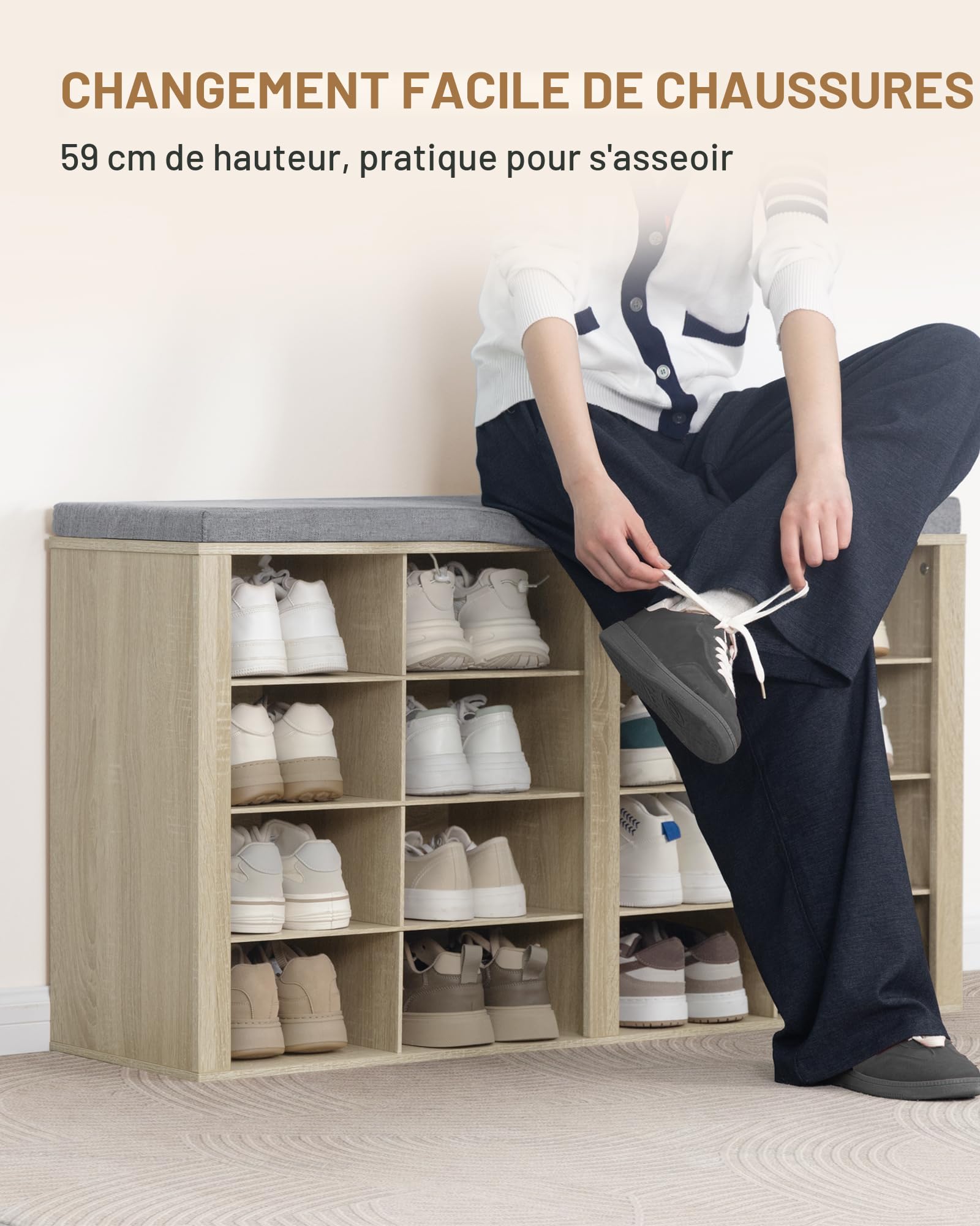 Hzuaneri Banc à Chaussures, 16 Compartiments, Chêne | Support à Chaussures avec Siège, Banc avec Rangement, Coussin, Pour Salon, Couloir, Chambre, SB25616GY
