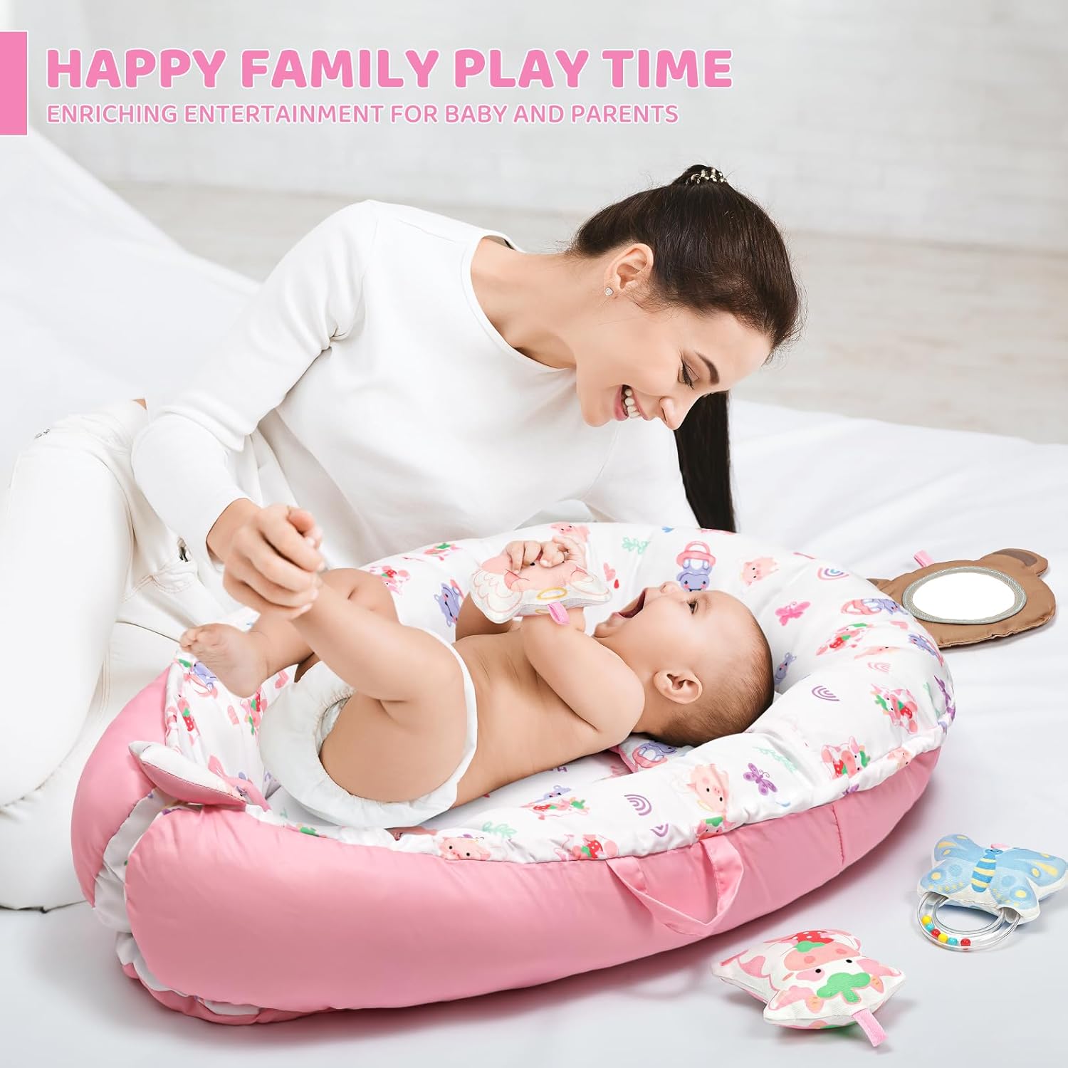 Pink Baby Play Mat, 7-in-1 Infant Gym Mat for Sensory and Motor Development, Washable & Portable Newborn Tummy Time Activity Mat for Home & Travel, Babies Gift for 0-3-6-9-12-18 Months - Image 5