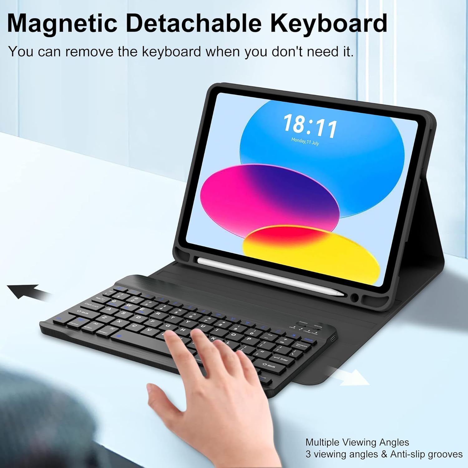 KVAGO for iPad (A16) 11th Generation Case with Keyboard, Smart Stand Folio Detachable Bluetooth Keyboard Cover with Pencil Holder for iPad 11-inch A16 2025 10th Gen 10.9 Inch 2022 (Space Black)