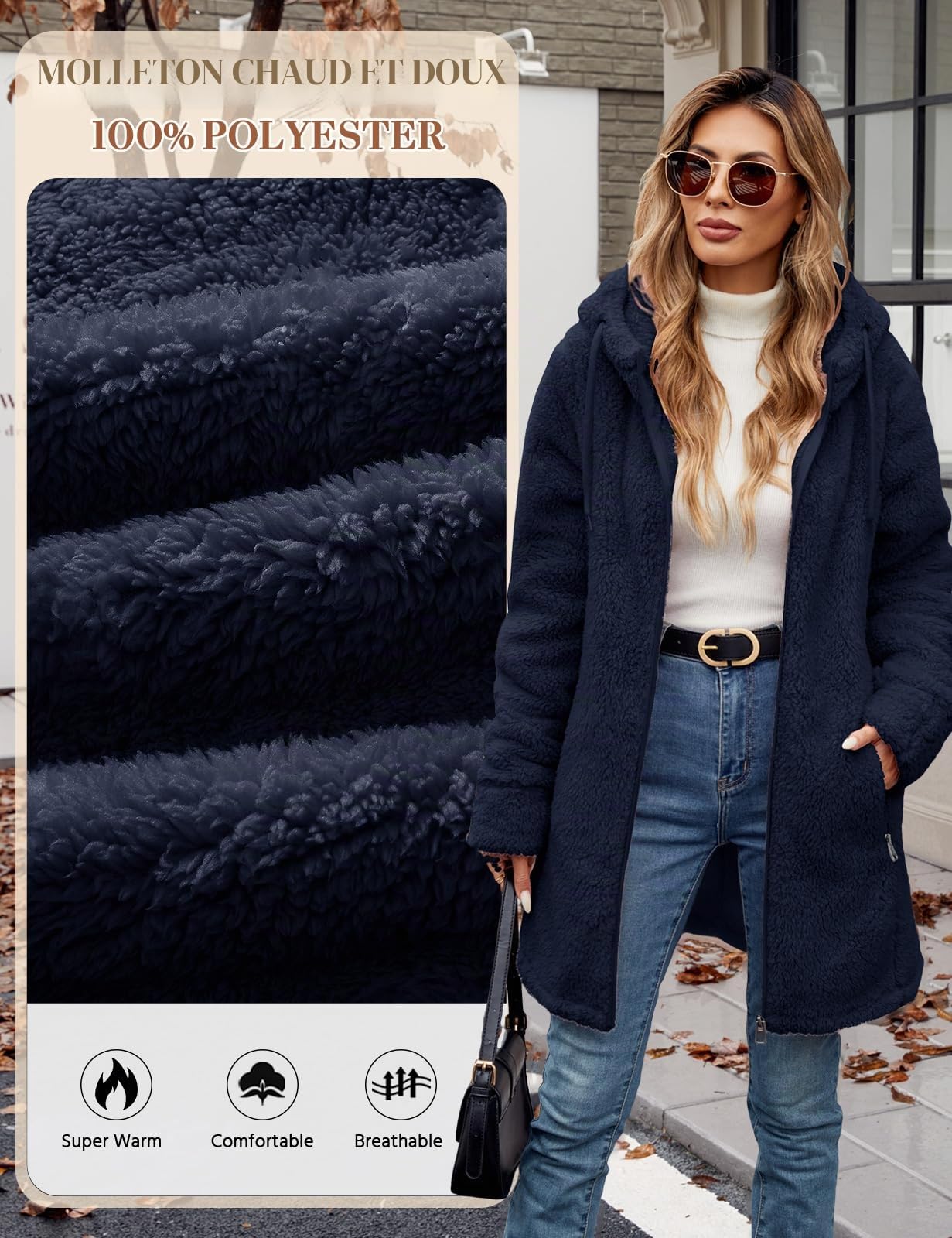 Veste Polaire Femme Hiver Chaud Sweat à Capuche Zippé Manteau Doublure Blouson Manteaux à Capuche Manche Longue Slim Fit Jacket Automne Casual Outwear avec Poches