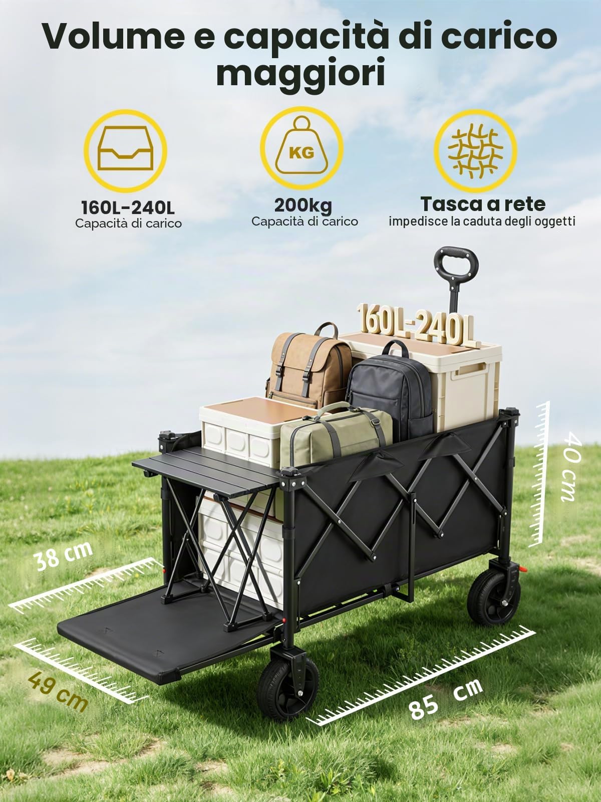 YEAUPE PRO Carrello Spiaggia, Carrello Pieghevole con Ruote 160-240L