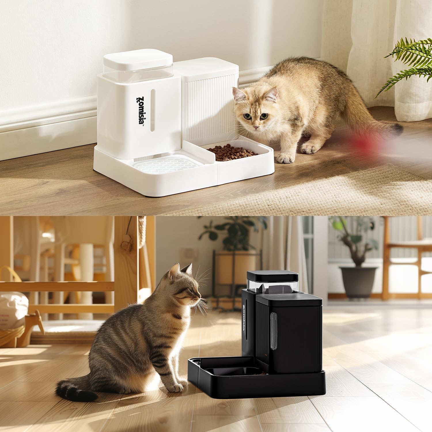 ZOMISIA Comedero por Gravedad para Gatos y Dispensador de Agua, 2 en 1 Alimentador Automático para Gatos con Rotación de 180 Grados, Paquete de 2 Alimentadores Automáticos de Gran Capacidad para