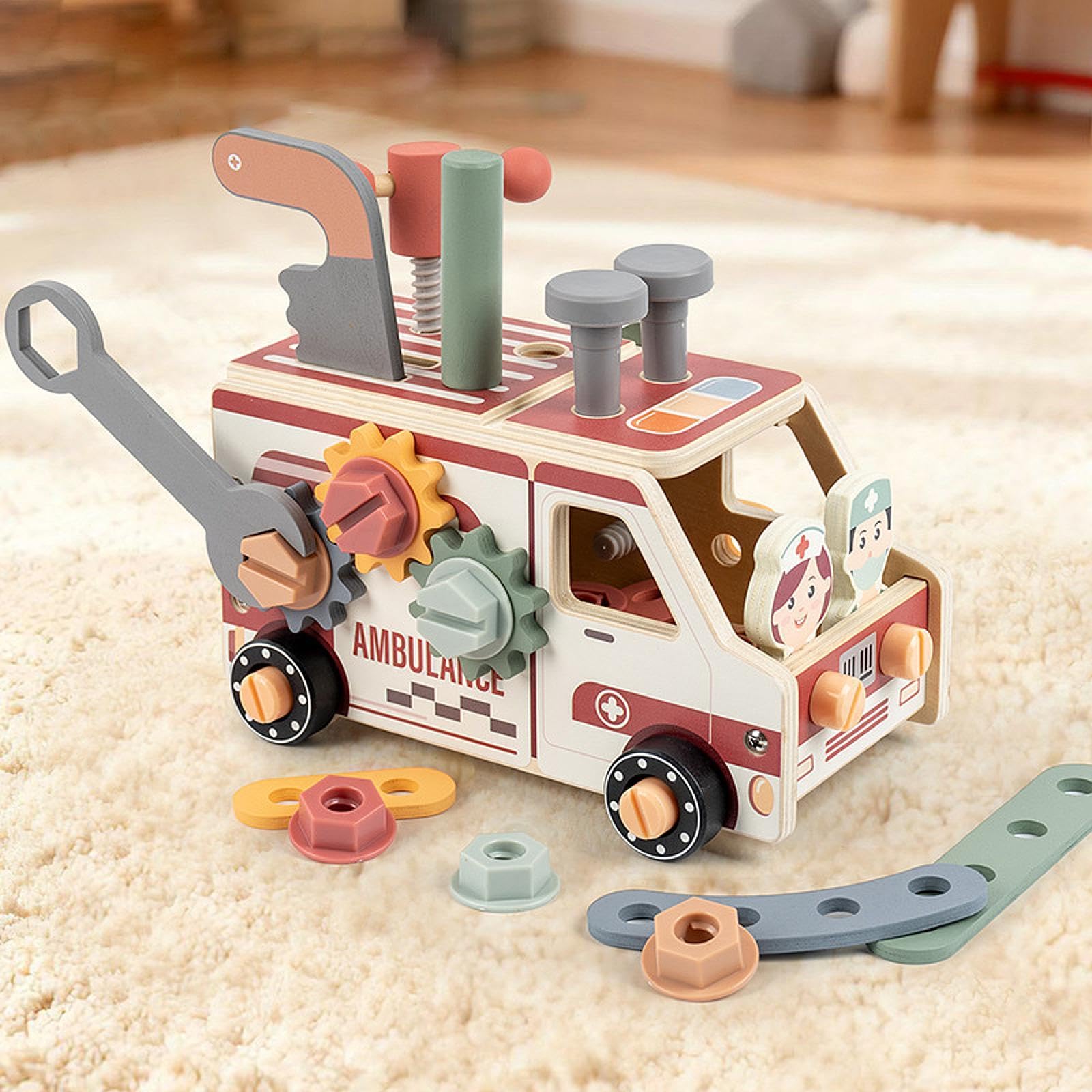Kinderwerkzeugset, Pädagogisches Konstruktionsspielzeug Aus Holz, Werkzeugset für Kinder, Jungen Und Mädchen, Krankenwagen