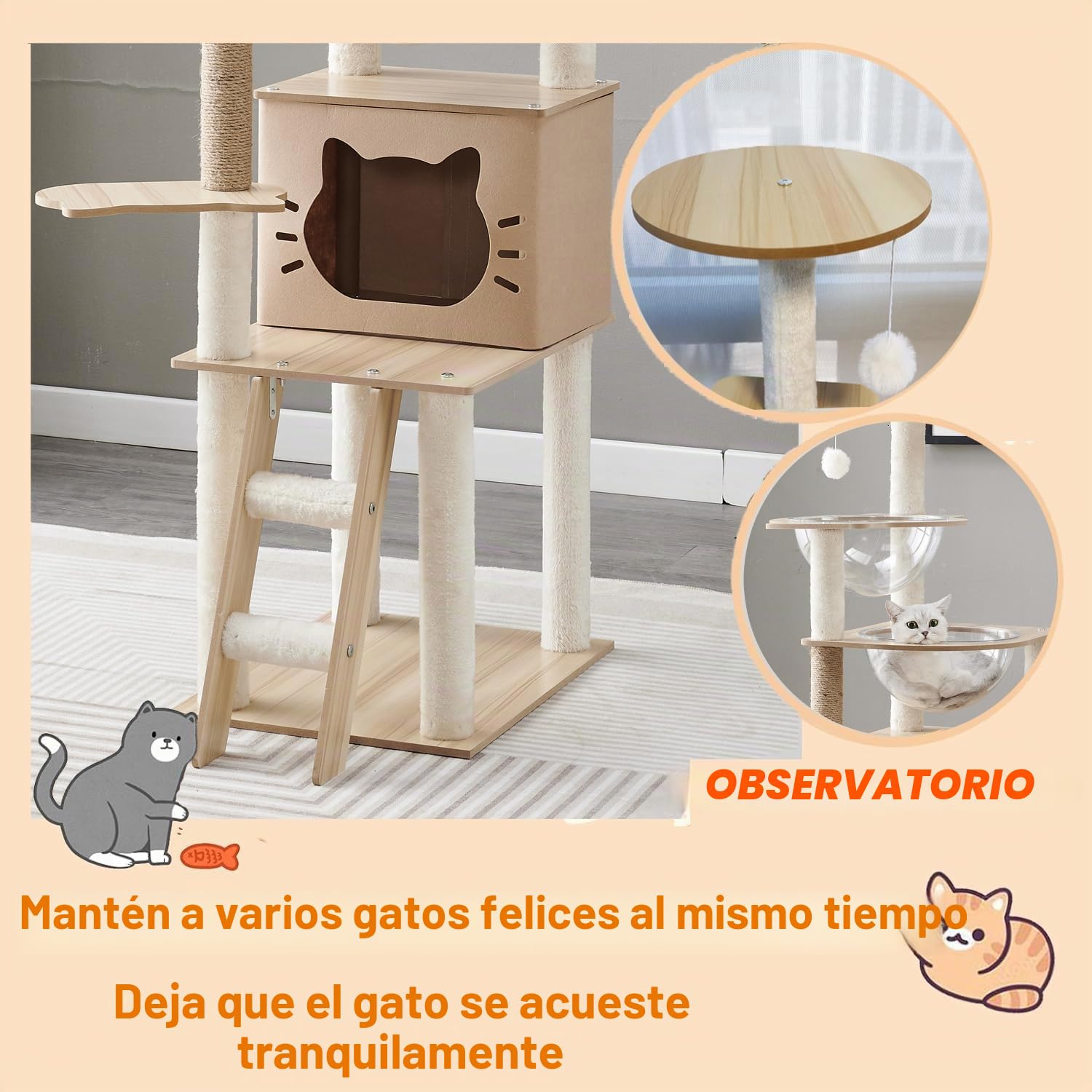 Árbol para gatos de interior de 145 cm, condominio de varios niveles con 2 cuencos, 1 casa, 2 perchas, 1 escalera, 1 pompones, peso de carga de 15 kg, árbol de madera para gatos (beige N3)