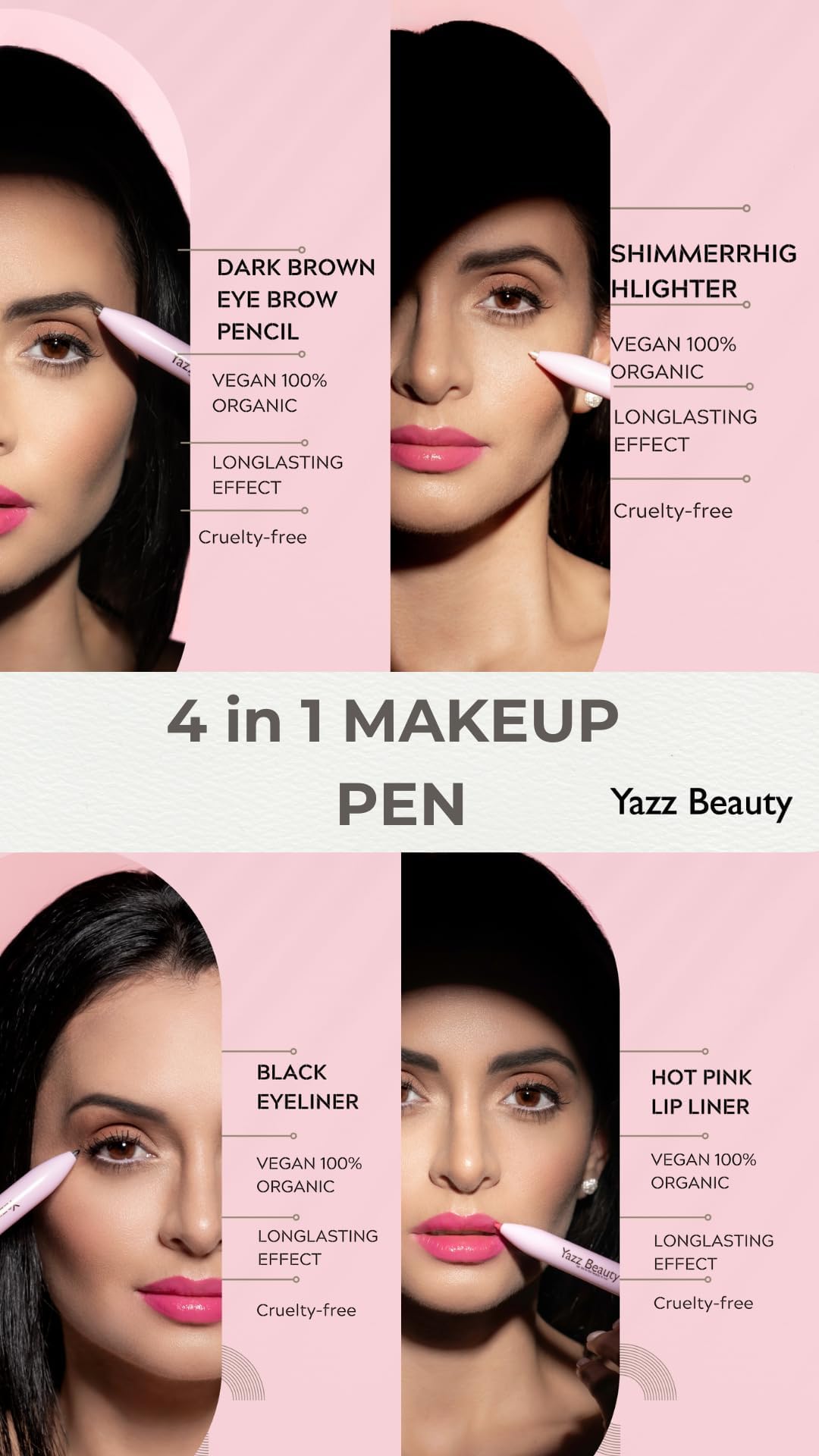 Lápiz de retoque de maquillaje 4 en 1 con delineador de labios rosa intenso, delineador de ojos negro, lápiz de cejas marrón oscuro e iluminador blanco brillante, bolígrafo de belleza 8
