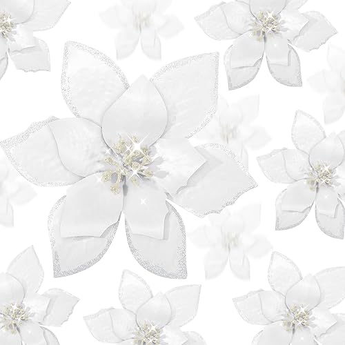 WILLBOND 24 flores de Pascua con purpurina de 3 tamaños, flores de imitación para boda, adornos de Navidad para árbol de Navidad, Año Nuevo, WILLBOND 24 flores de Pascua con purpurina de 3 tamaños, flores de imitación para boda, adornos de Navidad para árbol de Navidad, Año Nuevo,