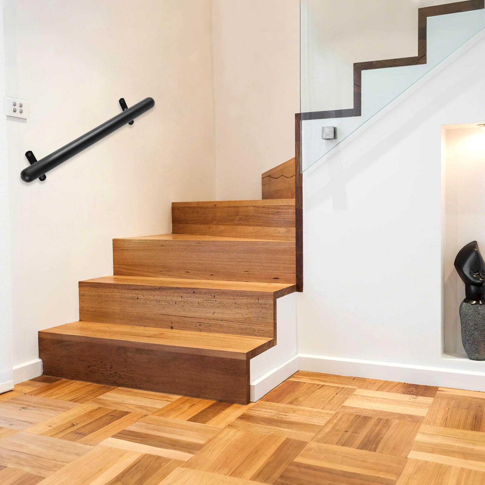 Pasamanos negro con recubrimiento en polvo 41cm Barandilla metálica para interior/exterior Ø32mm – Asidero de seguridad para garaje, sótano, terraza, escaleras, barandillas – Interior/exterior